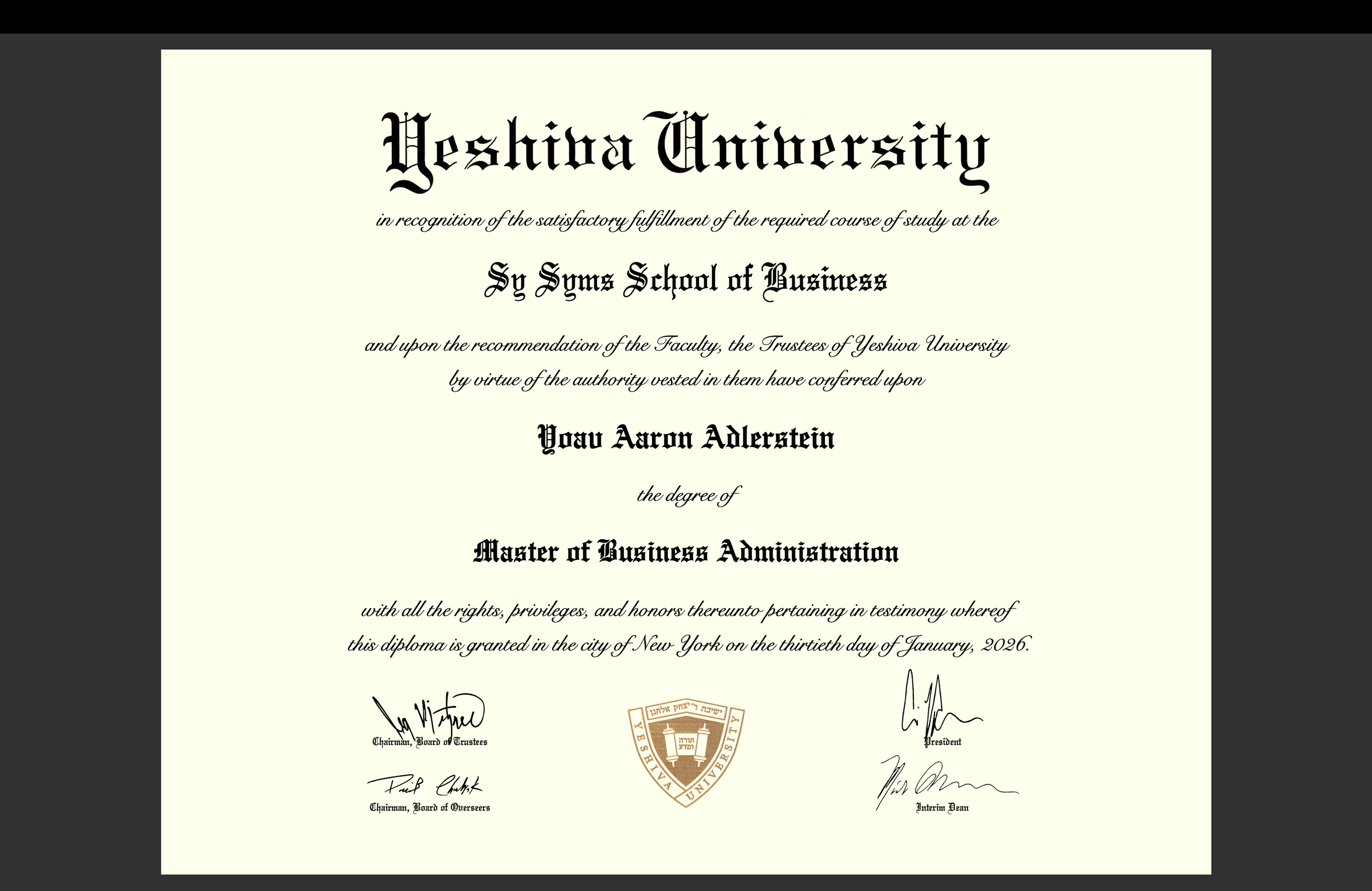 Diploma from Yeshiva University awarded to You Aaron Adlerstein for Master of Business Administration, dated January 30, 2026, with signatures and university seal.