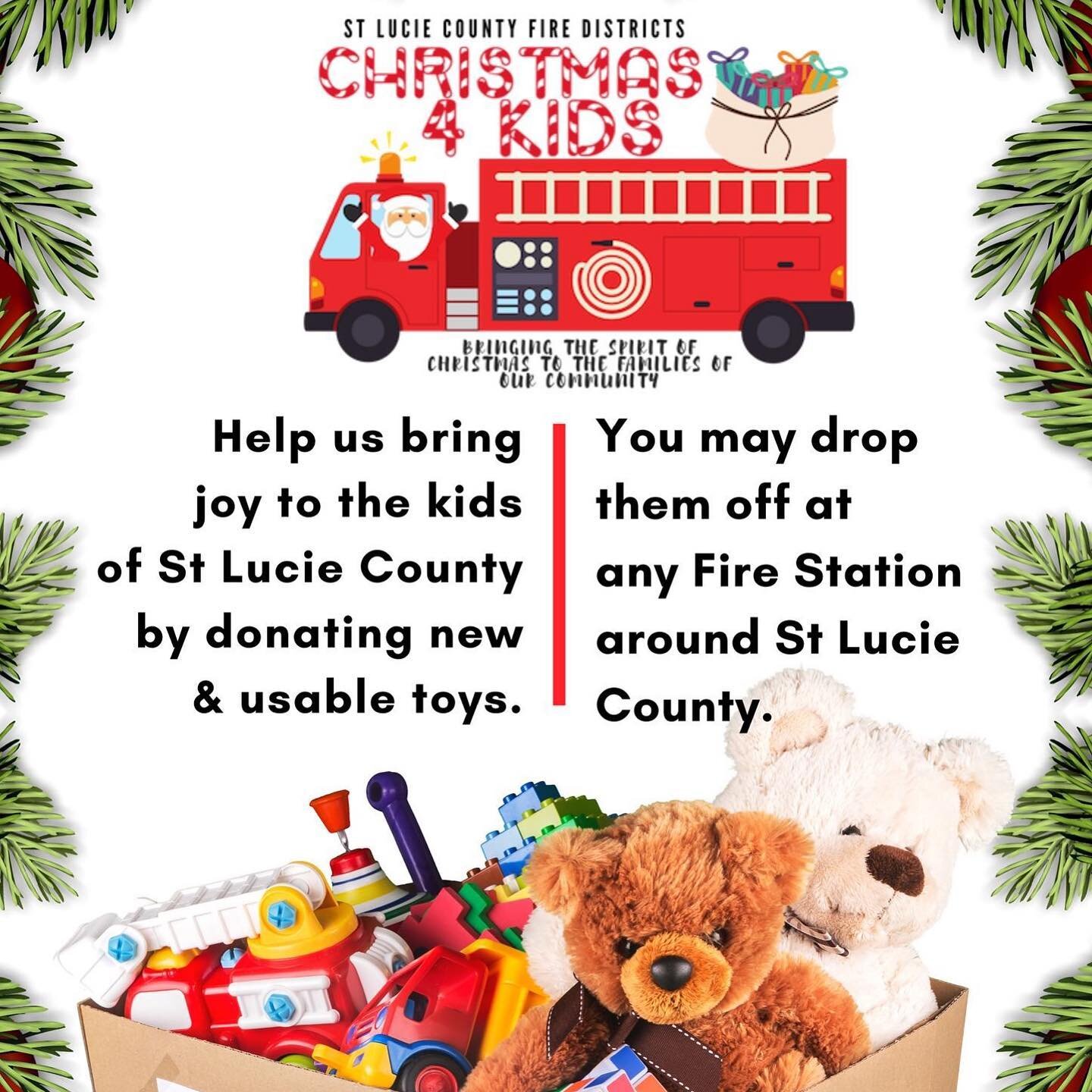 🚒We have a shortage of toys for 0-3 years of age for both boys and girls! We are still collecting toys all this week.
🎁All toys collected stay right here in St Lucie County to help our St Lucie County community. 
COUNTDOWN UNTIL CHRISTMAS IS ON and
