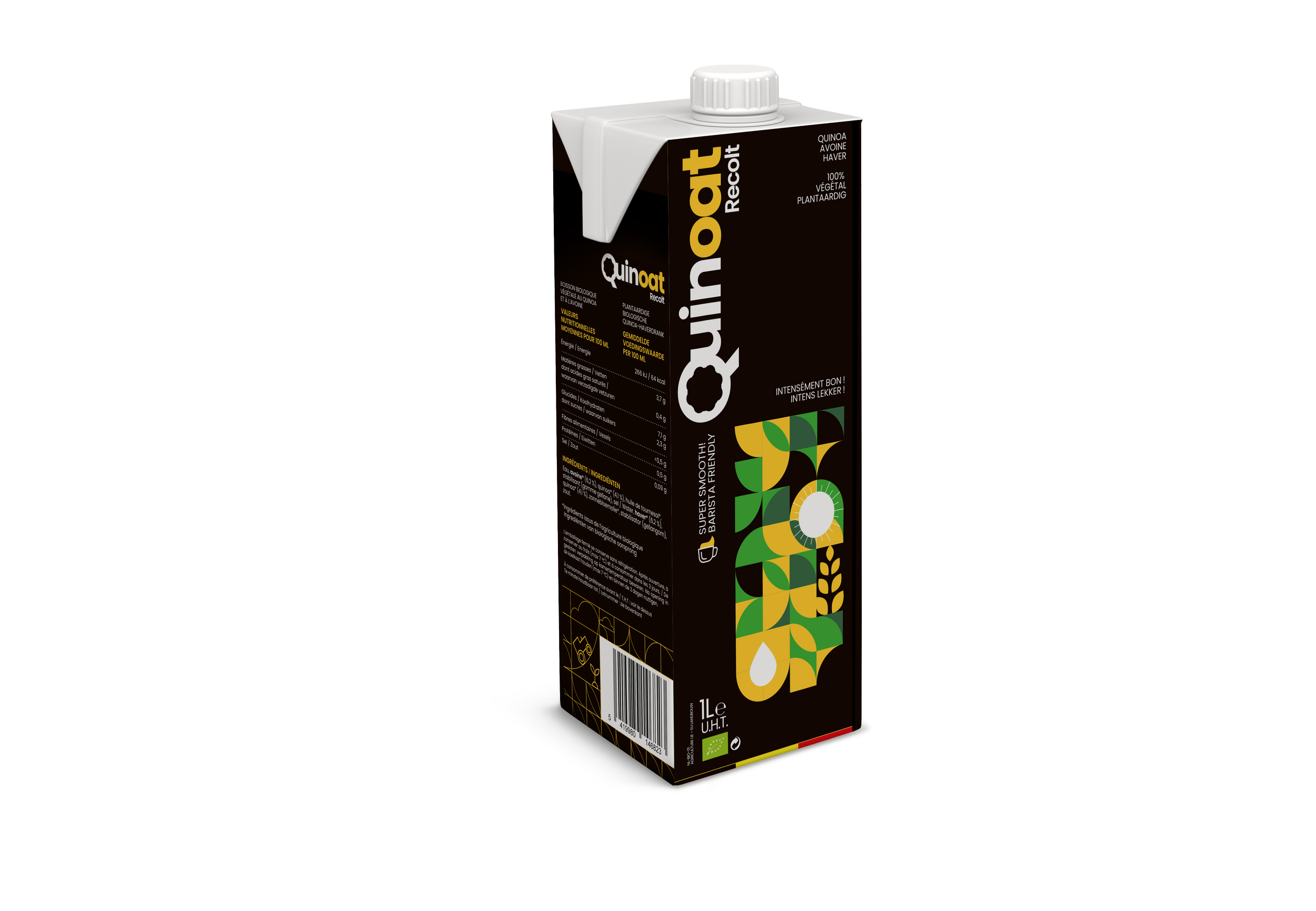 Boisson végétale Quinoat Recalt dans un emballage de 1 litre avec un design géométrique coloré et un bouchon blanc.