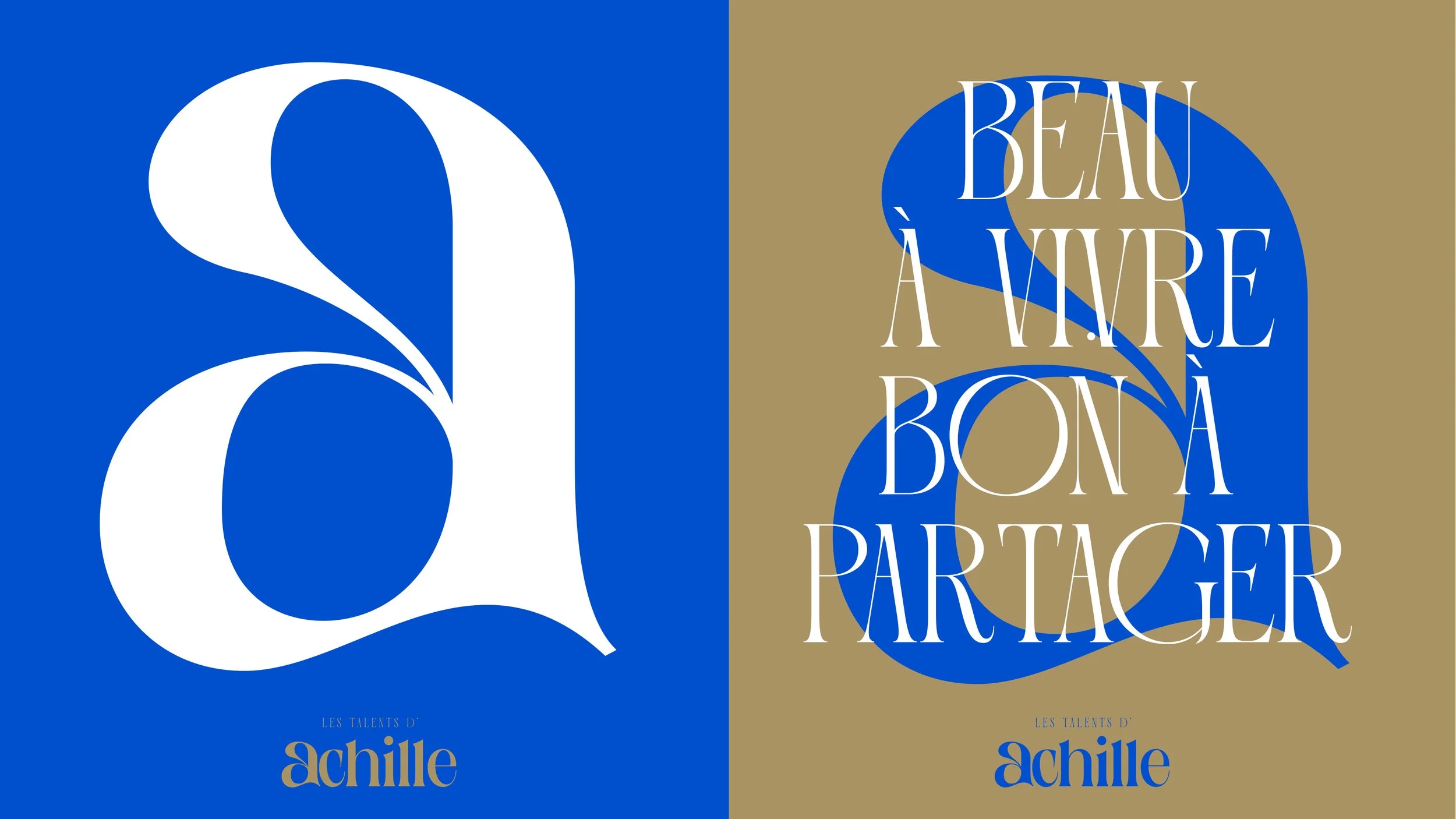 Design graphique avec deux grands lettrages, un 'Q' blanc sur fond bleu et un 'A' bleu sur fond beige, avec le texte 'Beau à vivre, Bon à partager' et 'Les talents d'Achille'.