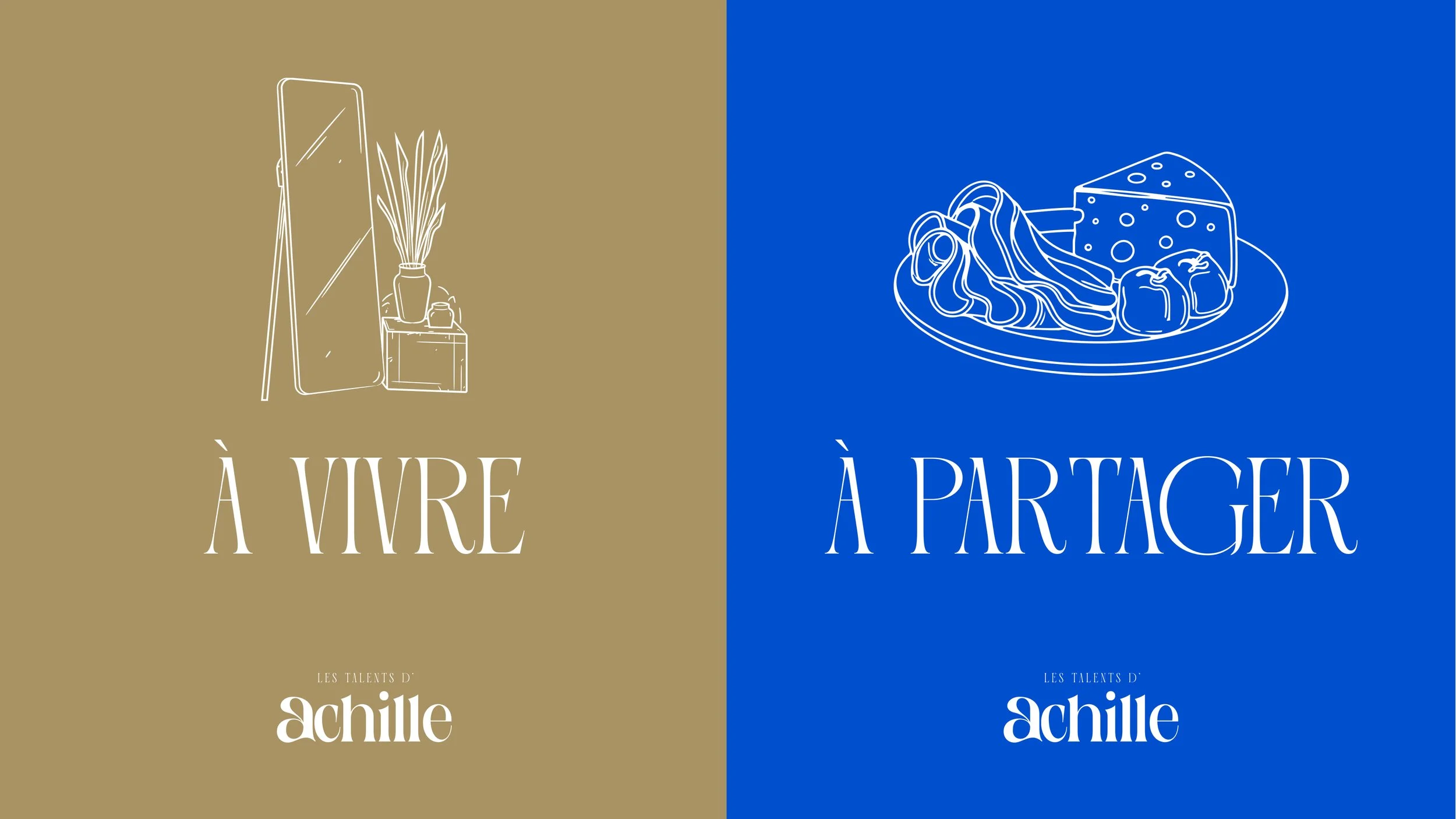 Image divisée en deux parties. La partie gauche de couleur marron avec une illustration de miroir, plante et boîte, avec le texte 'À VIVRE'. La partie droite de couleur bleue avec une illustration de plateau de pâtes, fromage et fruits, et le texte '