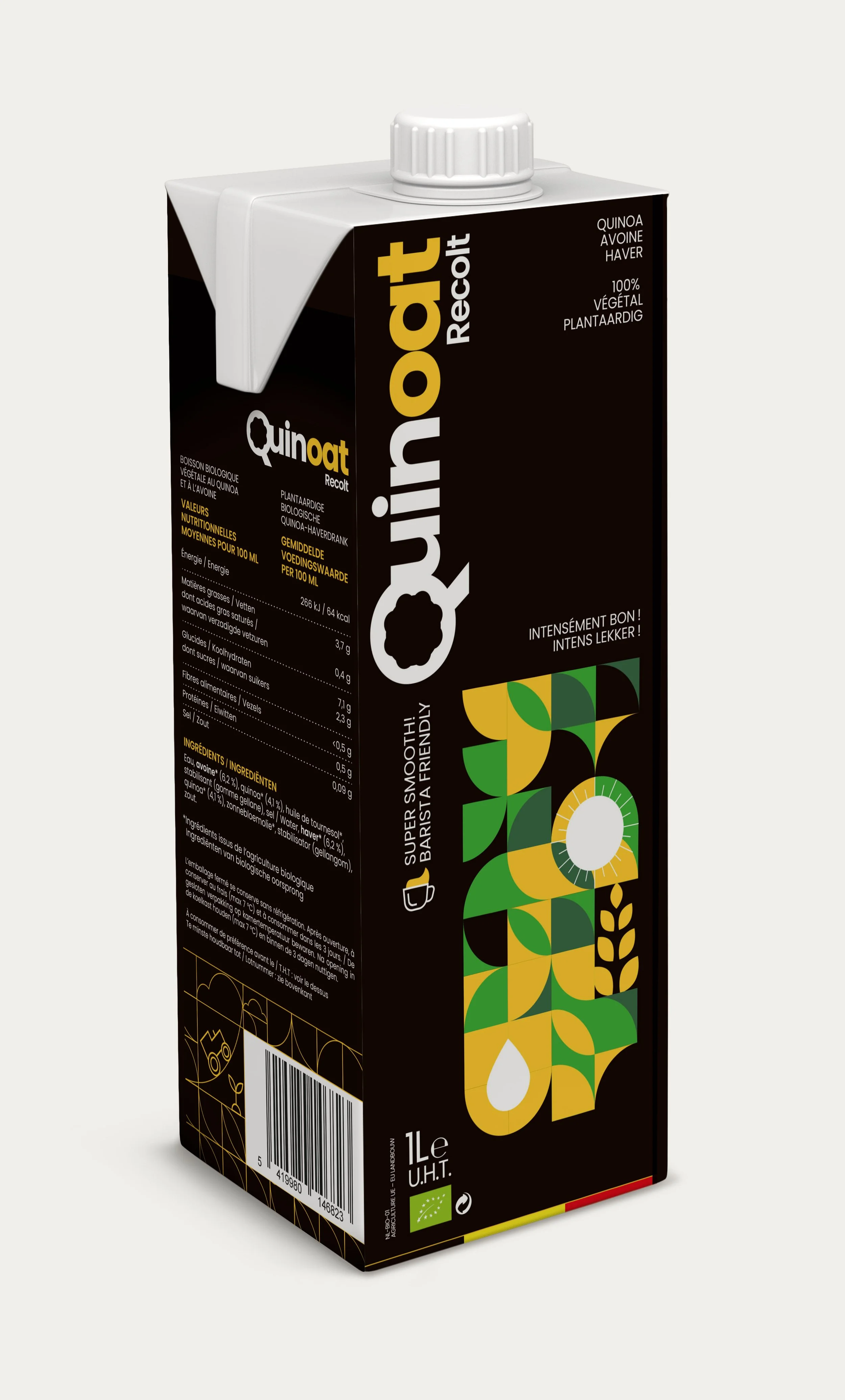 Brique de boisson végétale à base de quinoa, avoine et houblon, avec un design moderne en noir, vert, jaune et blanc, affichant des informations nutritionnelles et des ingrédients en français.