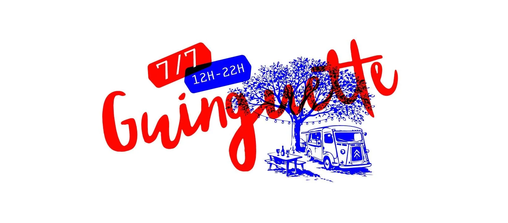Logo de l'événement au Guinguette, avec une grande écriture rouge, une illustration d'un arbre avec des guirlandes lumineuses, une voiture vintage et une table avec des bouteilles, indiquant les dates du 7 au 17 et l'horaire de 12h à 22h.