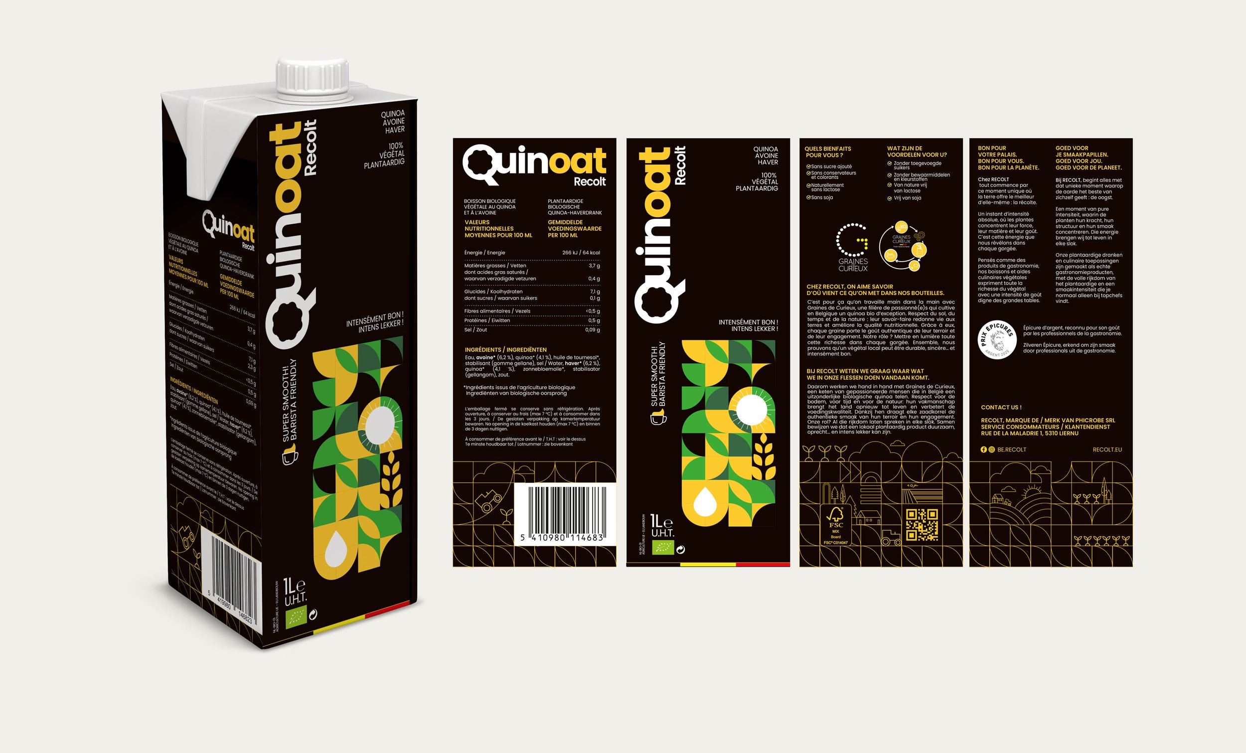 Les emballages de boisson végétale Quinoat Recolt, emballé dans une boîte en carton et des étiquettes avec des textes en français et néerlandais, indiquant qu'il s'agit d'une boisson à base de quinoa, d'avoine et d'orge, avec des informations nutriti