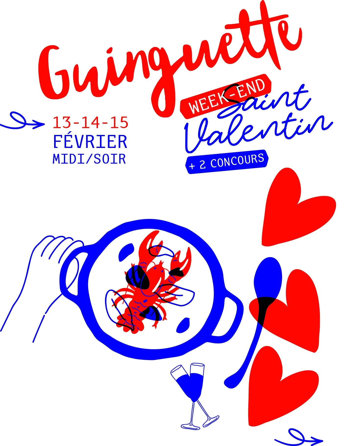 Un dessin stylisé de la fête de la Saint-Valentin à Guingamp, avec une date du 13 au 15 février, mettant en avant un concours et des activités en journée et en soirée, avec des cœurs rouges, un crustacé et un verre de champagne.