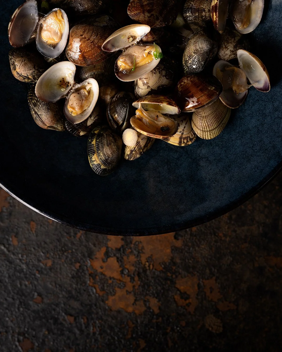 Gros plan sur un amas de palourdes, montrant les coques vernissées, les ombres profondes et la matière organique. Lumière sculpturale venant de la gauche, fo