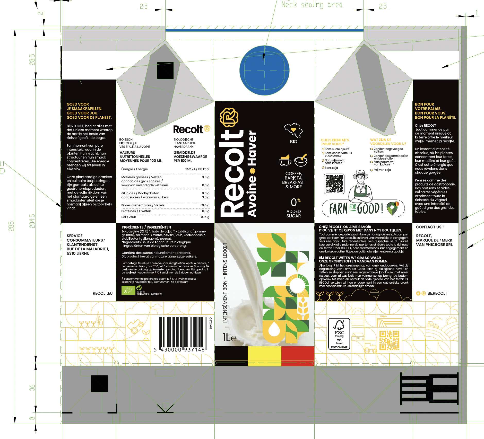 Étiquette de produit biologique, contenue dans un emballage, avec texte en néerlandais, français et d'autres langues, marquée avec des certifications biologiques et environnementales, incluant un code QR, un code-barres, et des directives pour la conservation et la consommation.