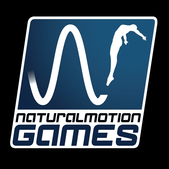 Logo for Natural Motion Games featuring a stylized wave or sine curve with a human figure diving or falling along the curve, and the company name below.