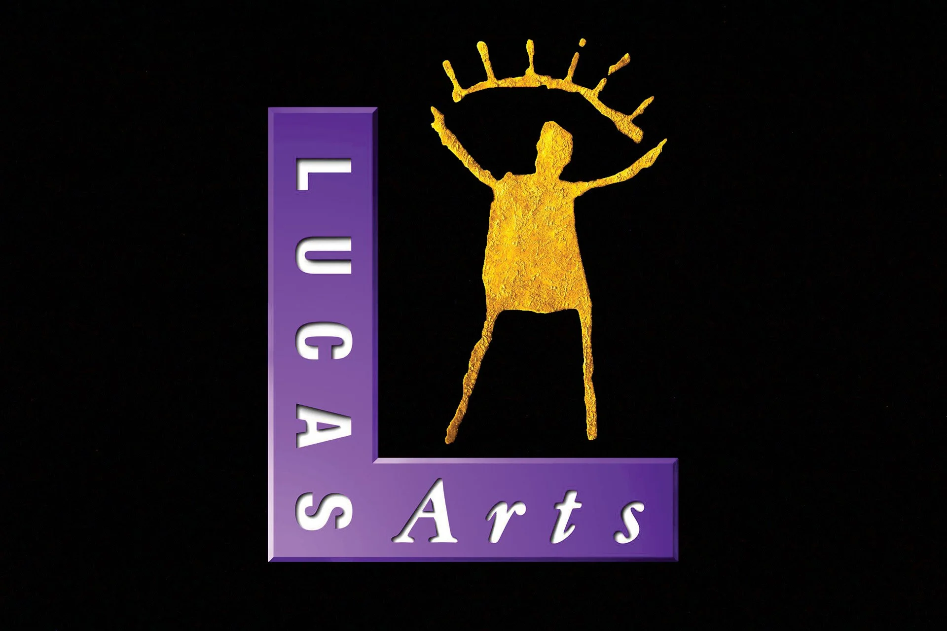 Logo for Slate Arts with stylized purple text and a yellow abstract figure with an eye shape above its head.
