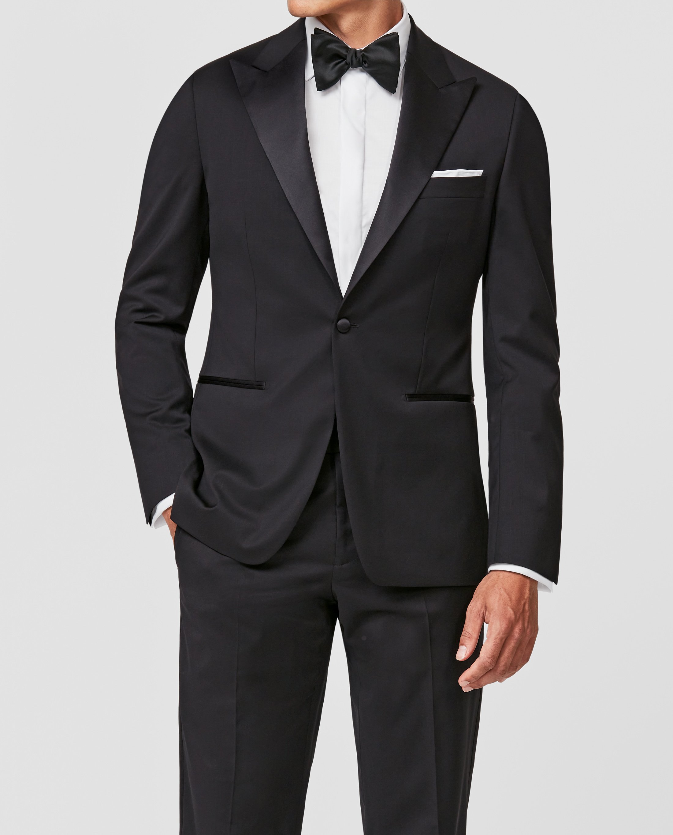 Black Stretch Wool Peak Lapel Tuxedo