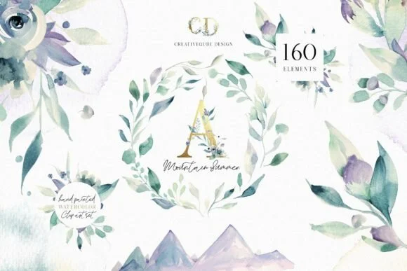 A Mountain Summer Watercolor Set by CreativeQube Design
