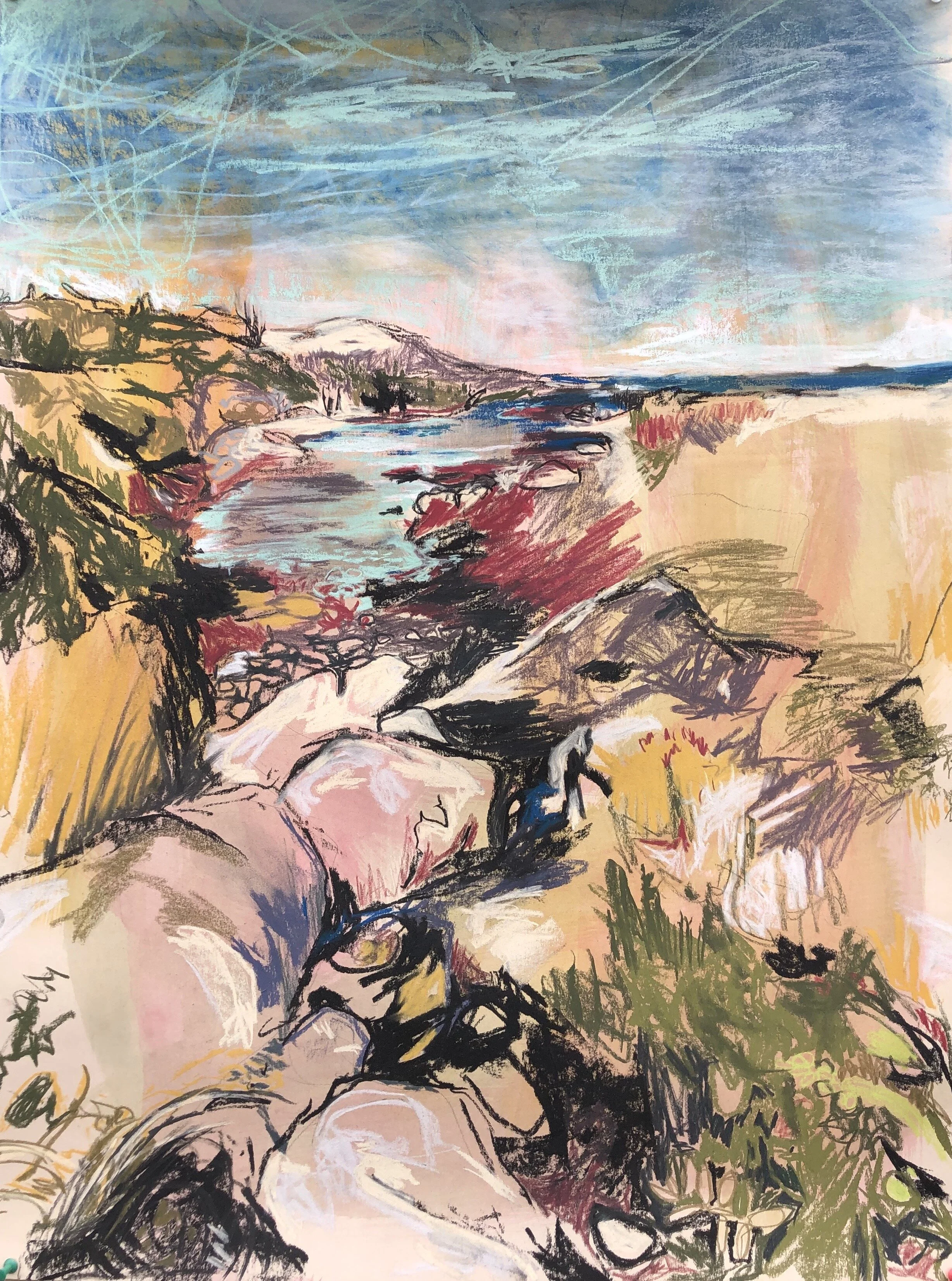 Bridge to Townsite, 22.5"x30", mixed media on paper