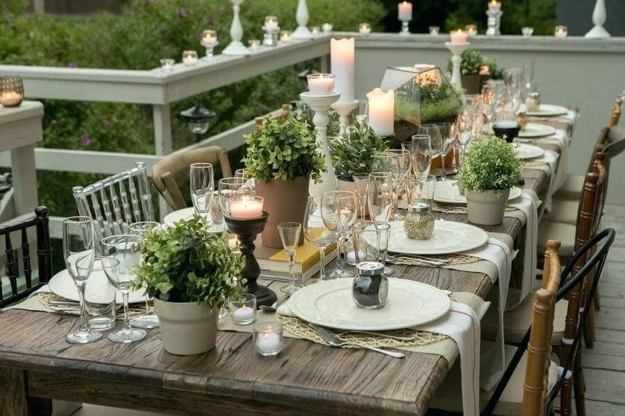 outdoor table set with china, glasses and plants
