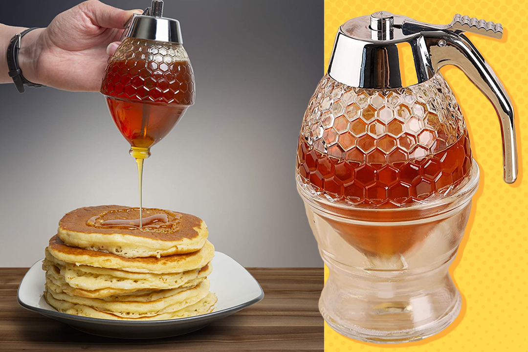 honey dispenser showing honey on pancakes