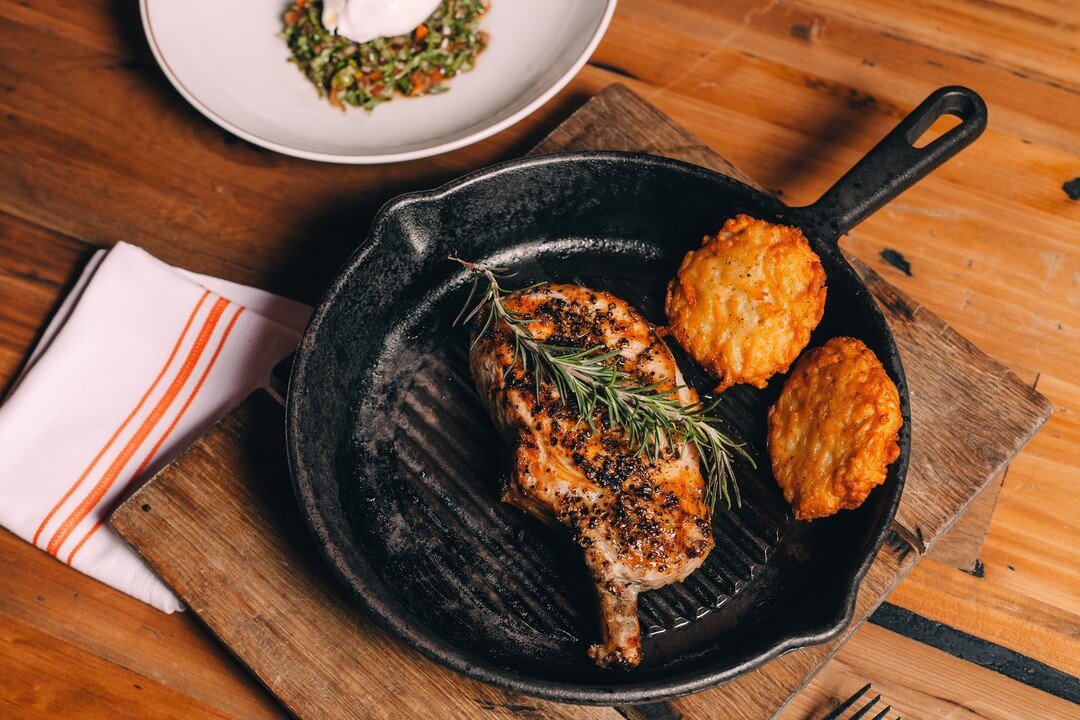 Game day bites begin with our Slow, Pan Roasted Berkshire Pork Chop and Potato Latkes.