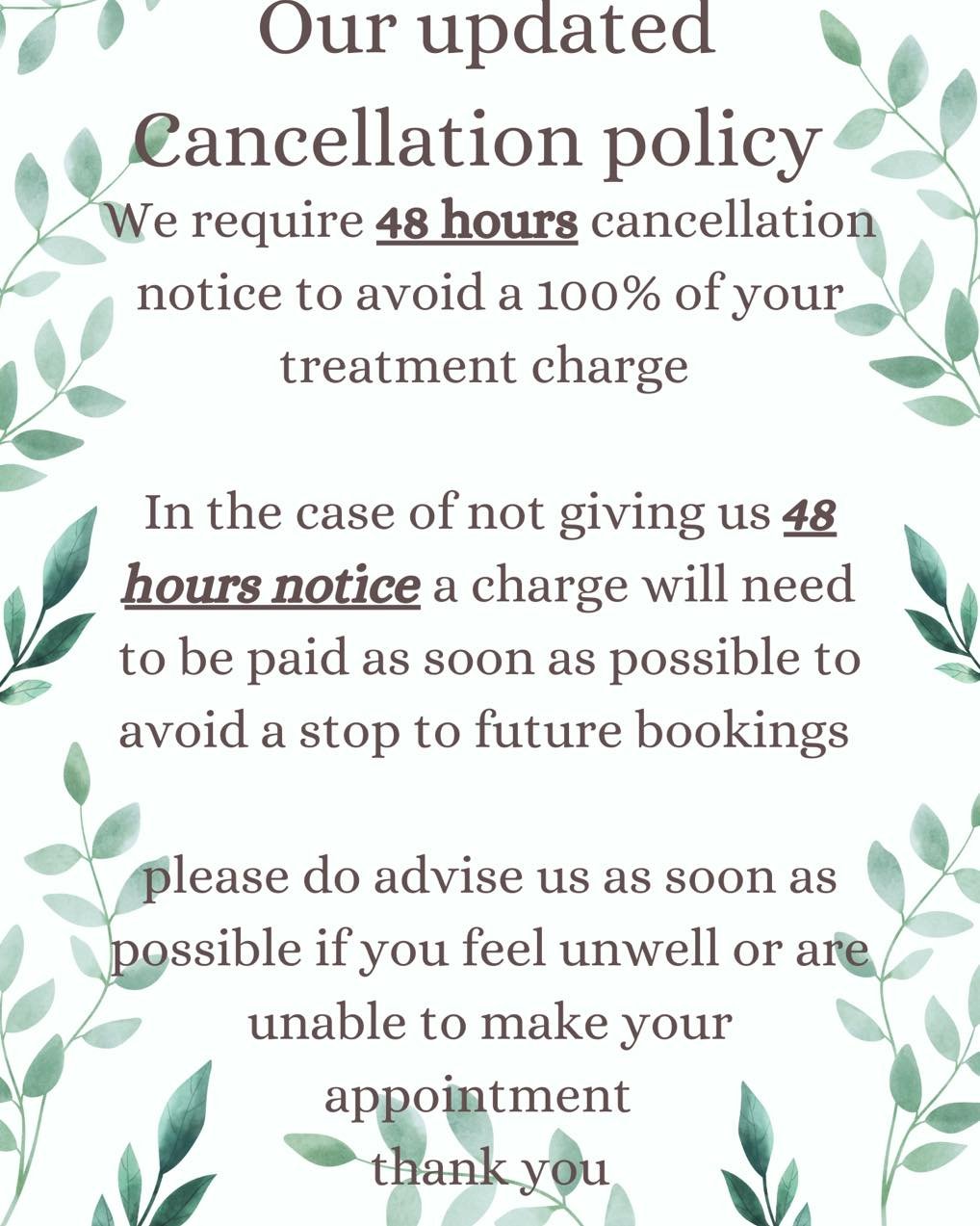 An update for our cancellation policy.
Please give us 48 hours notice if you are unable to attend your appointment🤍
Thank you 

#cancellationpolicy #beautytreatment #beauty