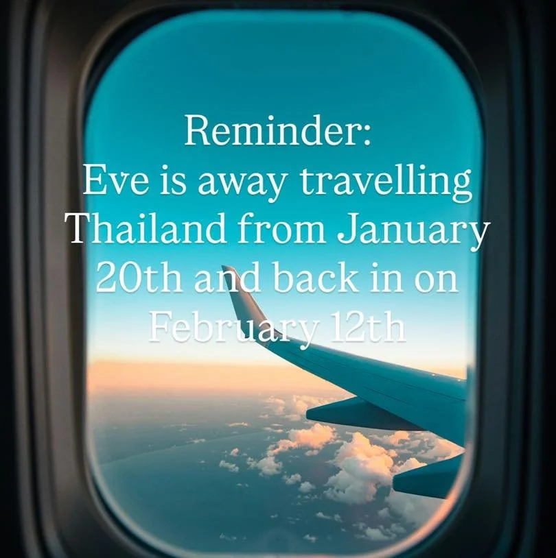 A reminder of Eves holiday in January for 3 weeks! 
The rest of the team are in as normal and will continue with treatments
Eve will be busy accommodating appoitments before she goes so try to book in ahead 
We can&rsquo;t wait to hear what she gets 
