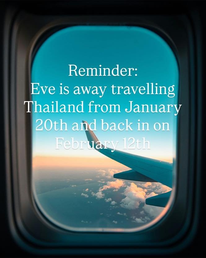 Just a reminder Eve goes away very soon! 
Please book your appointments in advance with Hayley as she will be getting busier with Eve being away, so please bare that in mind when booking upcoming appointments, we can&rsquo;t wait to see what she gets