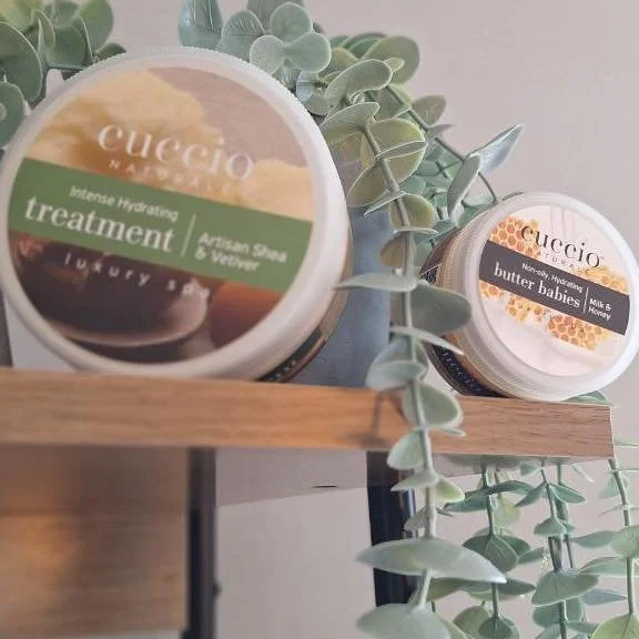 Our Cuccio products! 

The Cuccio intense hydrating treatment is a perfect skin rescue that nourishes and smoothes rough skin, great for any dry areas.
With sugarcane juice which has the highest concentration of glycolic acid to gently exfoliate call