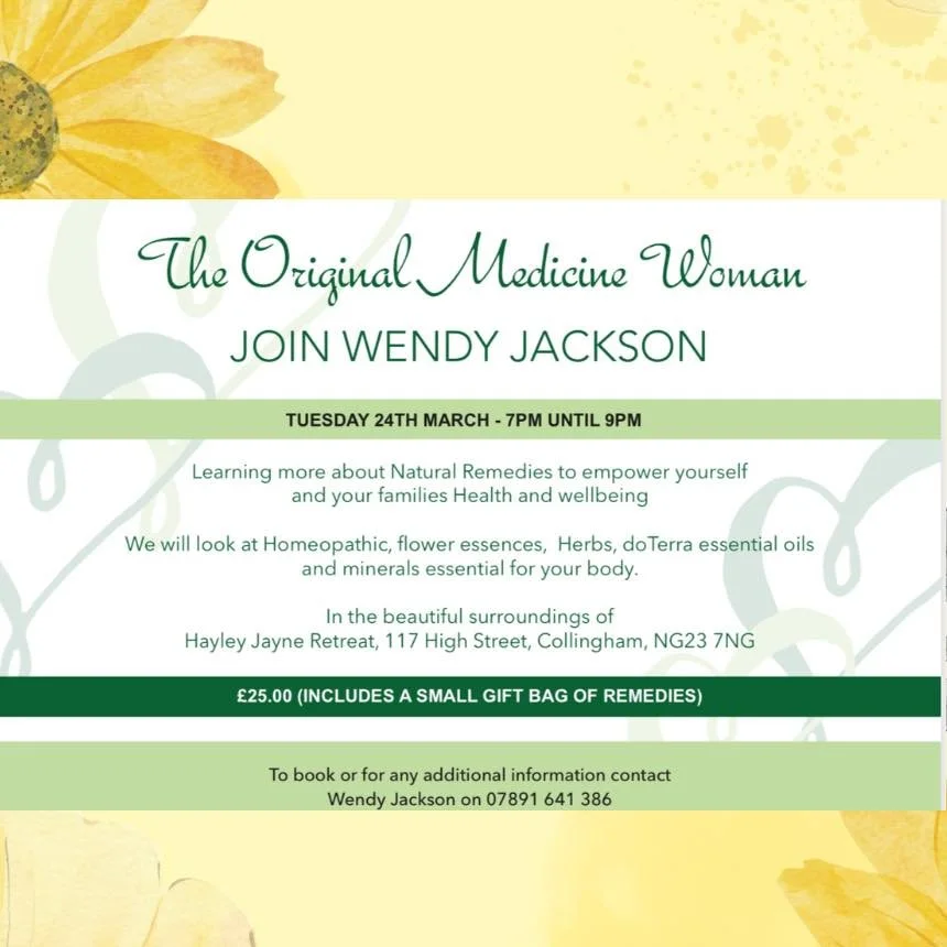Join the Original Medicine Women at her natural remedies workshop hosted at Hayley Jayne Retreat 

On Tuesday 24th March 7pm until 9pm
&mdash;&mdash;&mdash;&mdash;&mdash;&mdash;&mdash;&mdash;&mdash;&mdash;&mdash;&mdash;&mdash;&mdash;&mdash;&mdash;&md