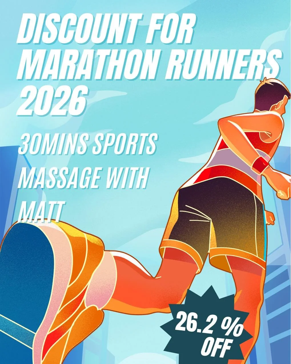 Reminder Matts 30 mins sports massage has 26.2% off for all marathon runners this year! 
Congratulations to all that took part🎉💪

*proof of participation must be shown*

#marathon #marathonrun #marathon #marathondiscount