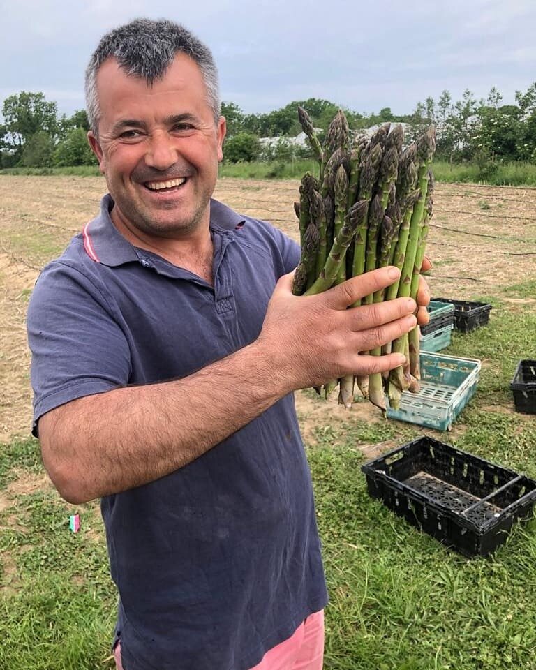 Sent in today live from Five Ways Fruit Farm, by Alex! - above, clutching freshly in season Asparagus from their place in Colchester, Essex. Along with a vid of the strawbs ➡️🎥, about to be plucked and transported to.you tomorrow at the market &quot