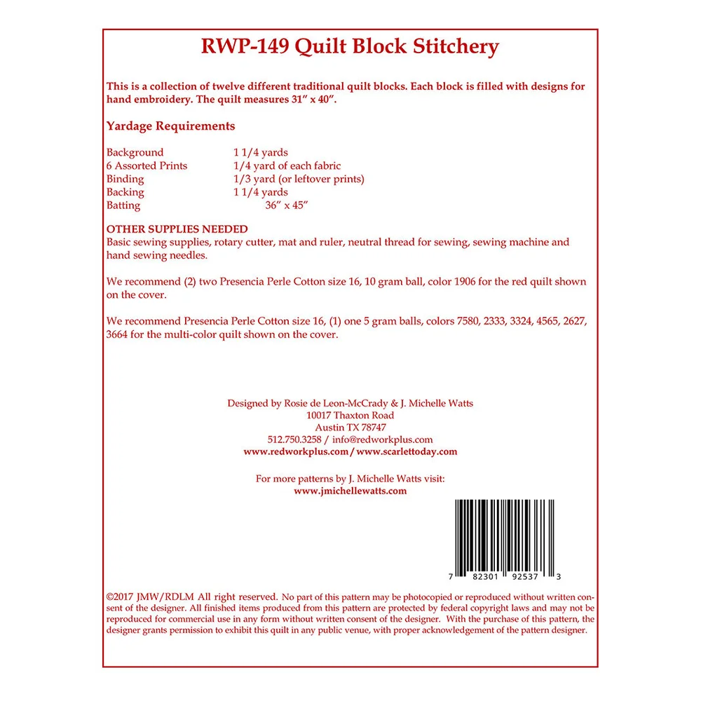 Quilt Block Stitcheries Pre Printed Redwork Plus Scarlet Today