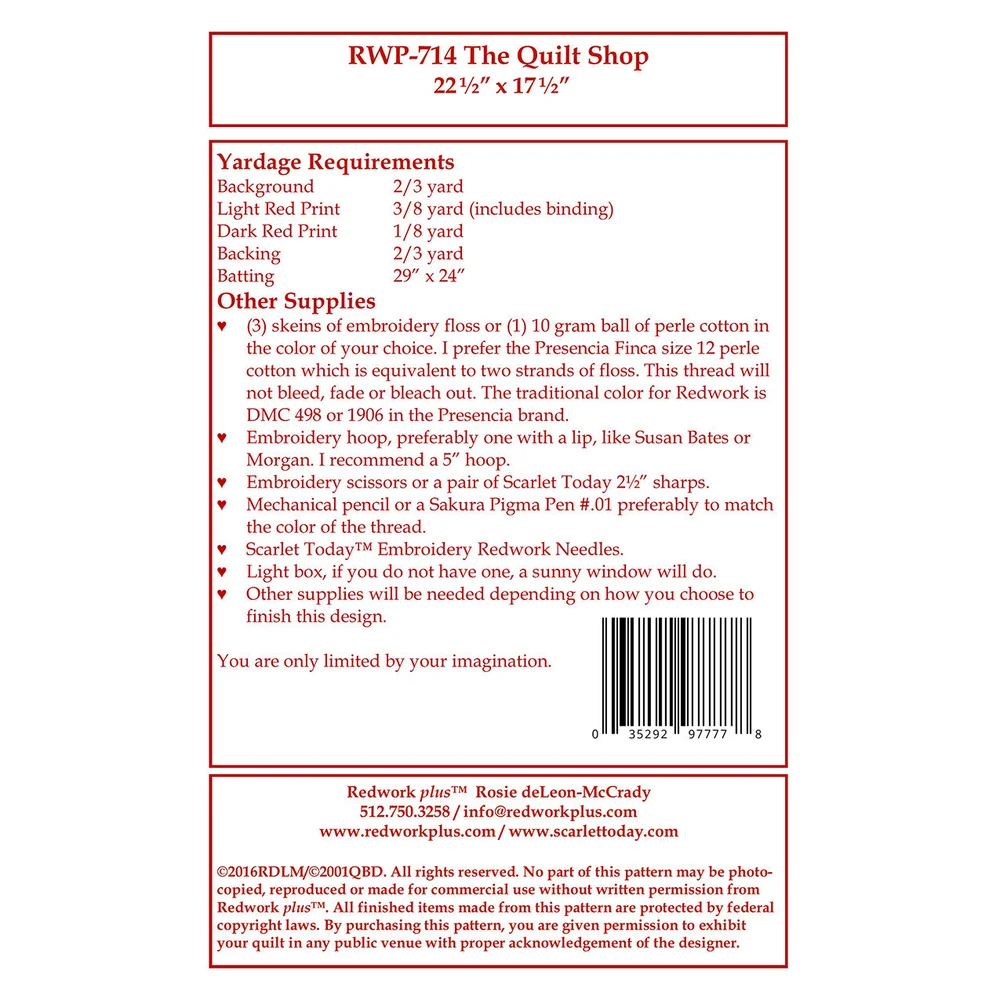 The Quilt Shop Pattern — Redwork Plus/Scarlet Today