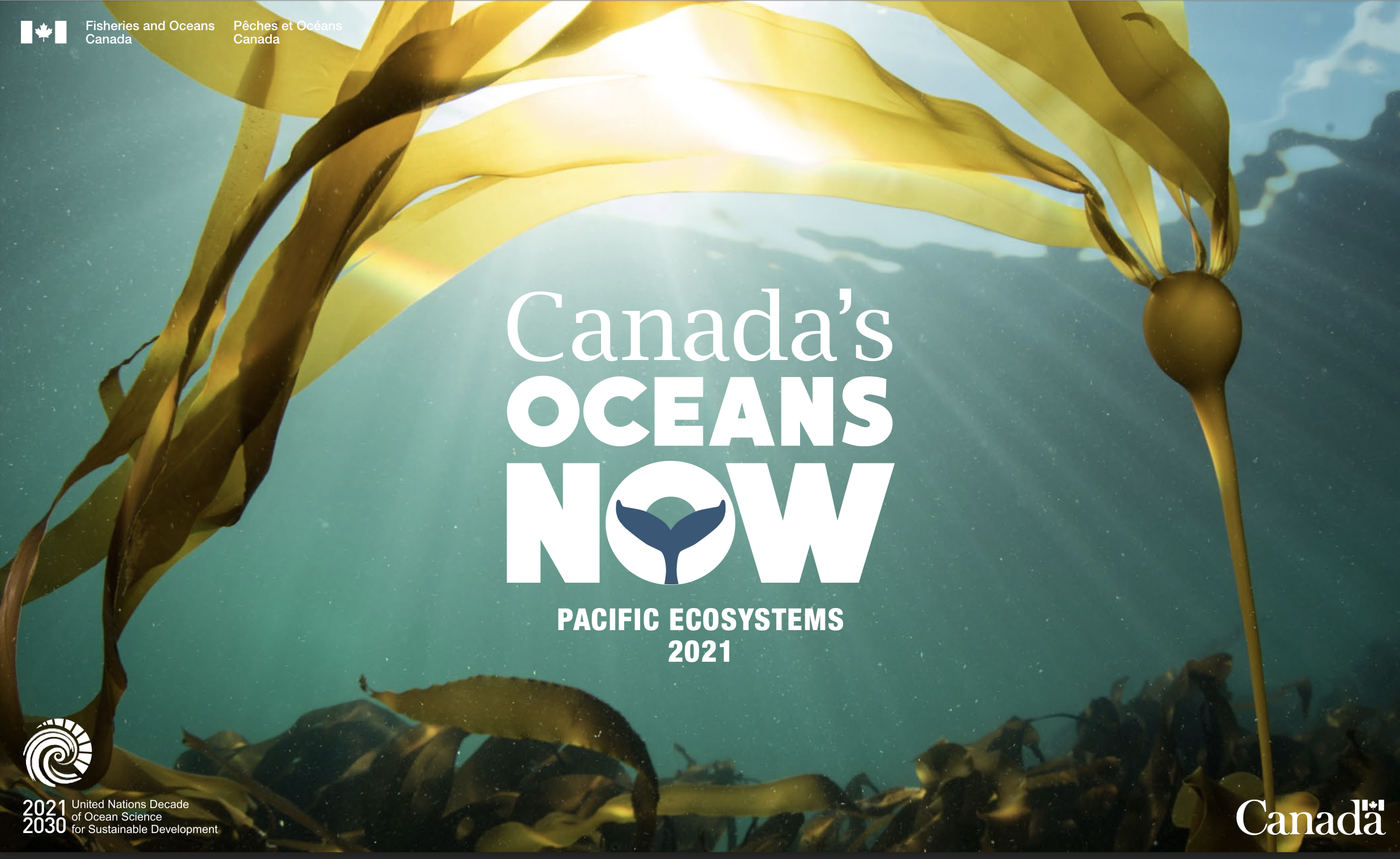 Cover of the report "Canada’s Oceans Now: Pacific Ecosystems, 2021." A link leads to a PDF download on the Fisheries and Oceans Canada website.