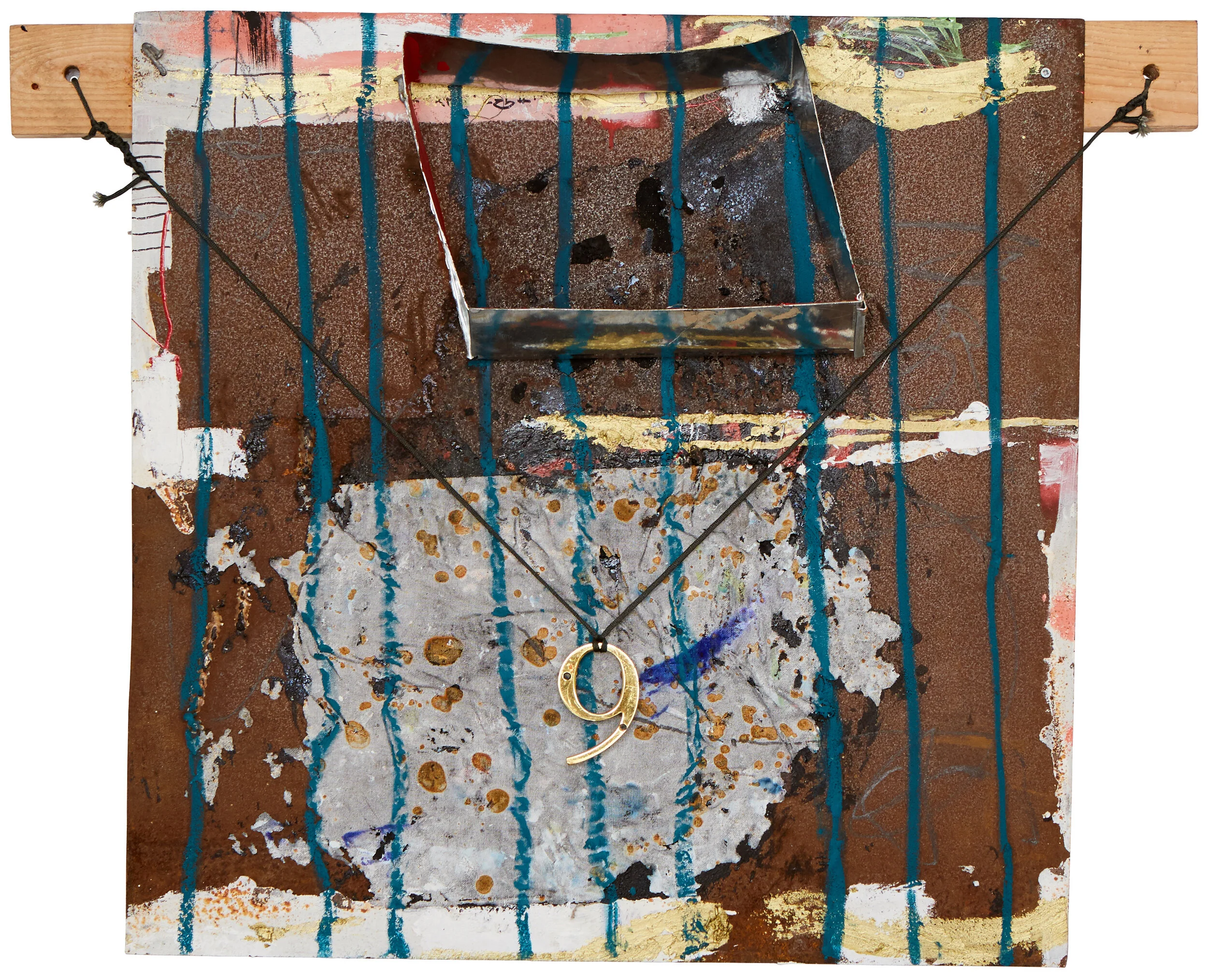 9, 37” x 30”, found metal, wood, string, mixed media, 2018