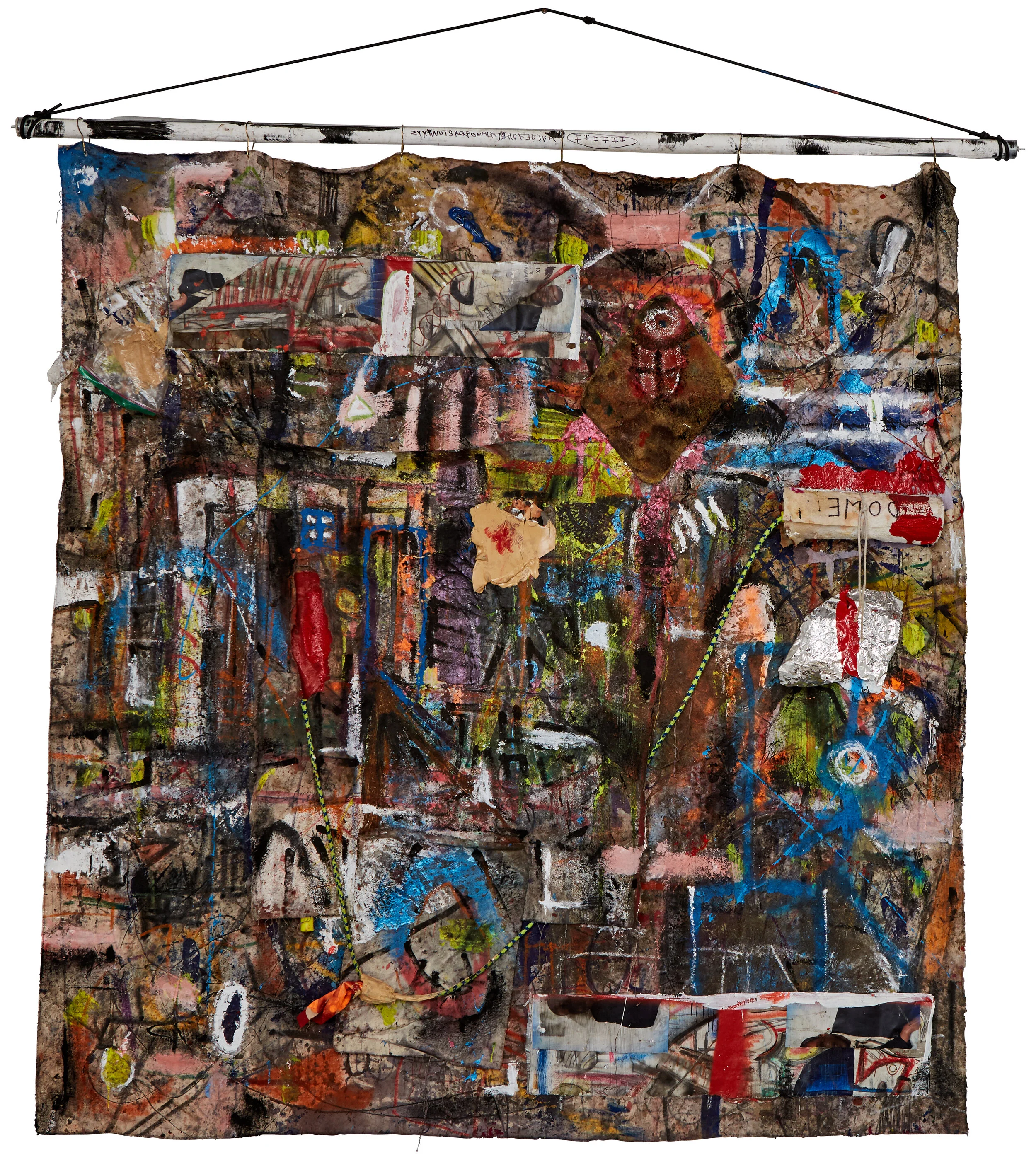 mortuary, 83” x 62”, found canvas, industrial runoff, jumprope, memorabilia, mixed media, 2018