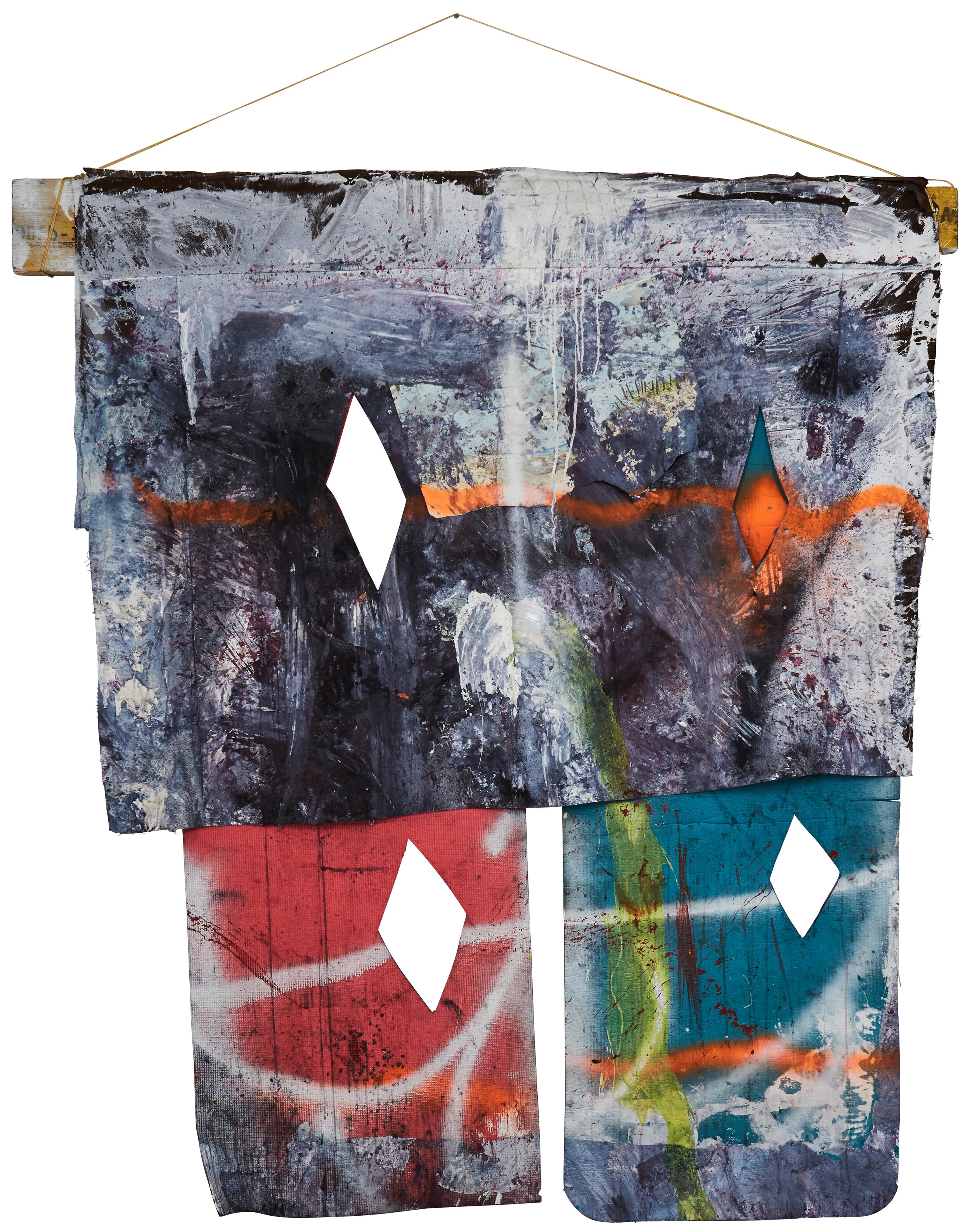 samsara, 64” x 81”, found yoga mats, wood, cord, mixed media, 2018