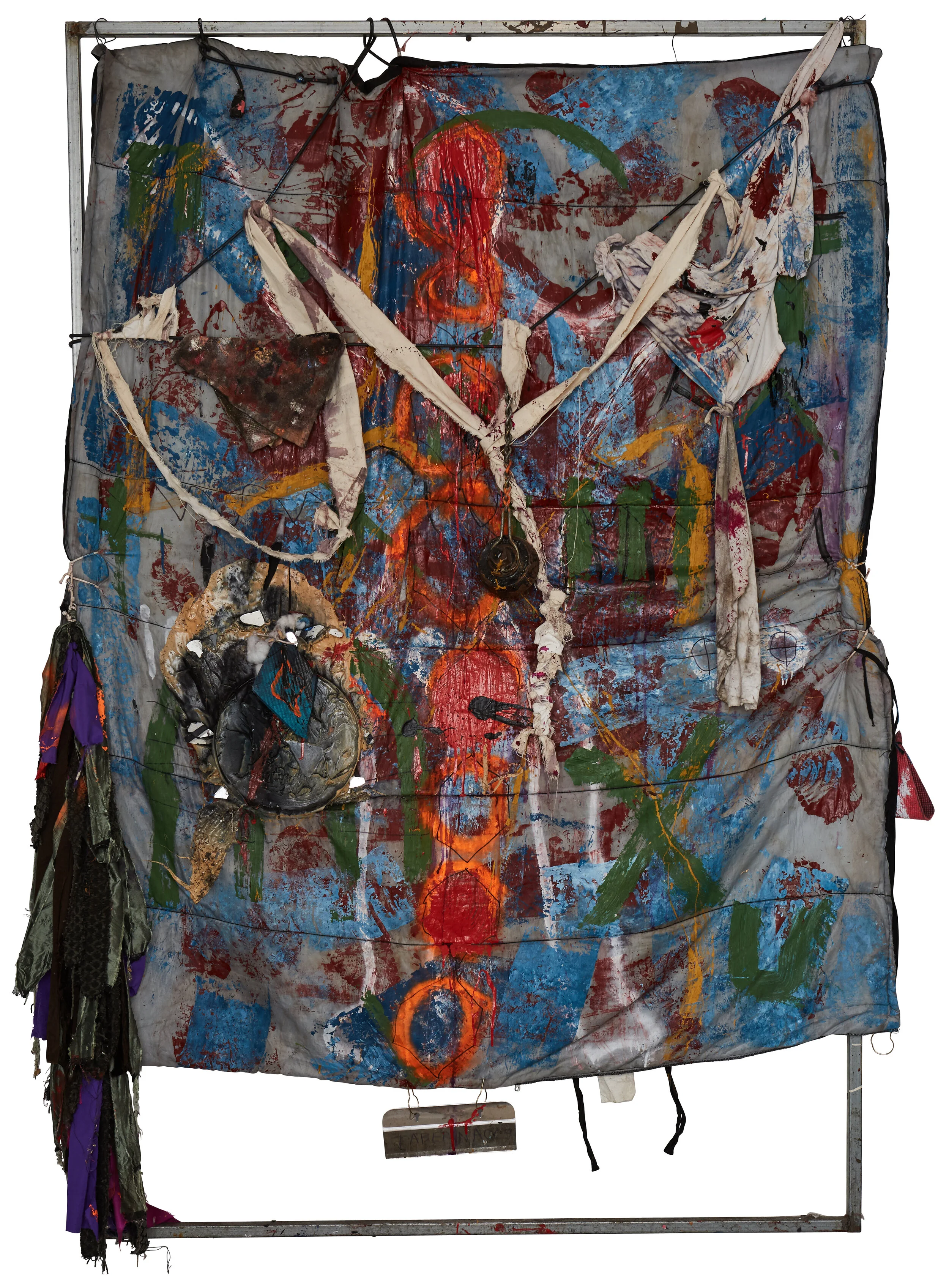 moksha, 91” x 61”, found metal frame, artist's sleeping bag, found fabrics, chain, mixed media, 2018