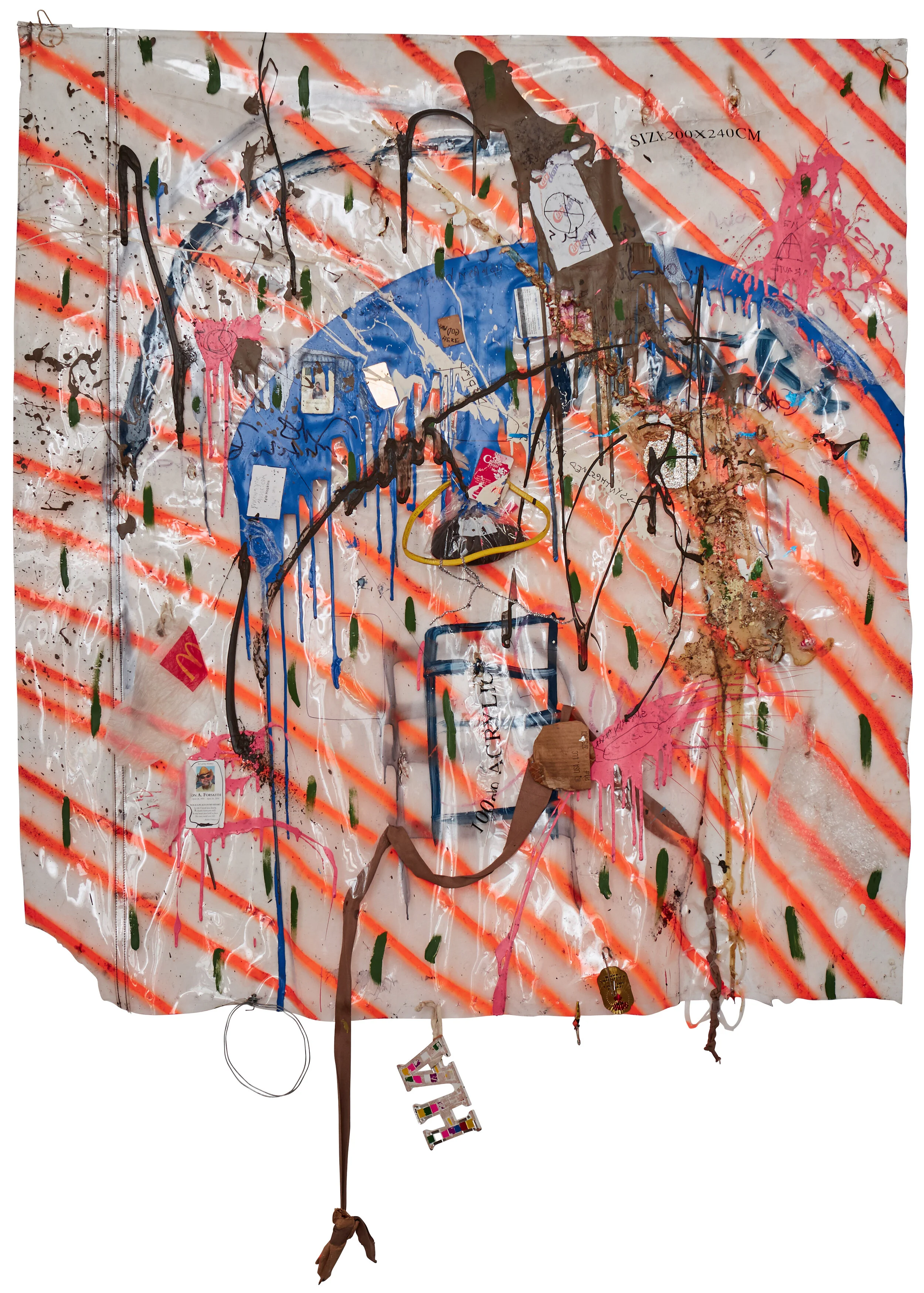 ha, 56” x 62”, found plastic, industrial runoff, memorabilia, mixed media, 2018