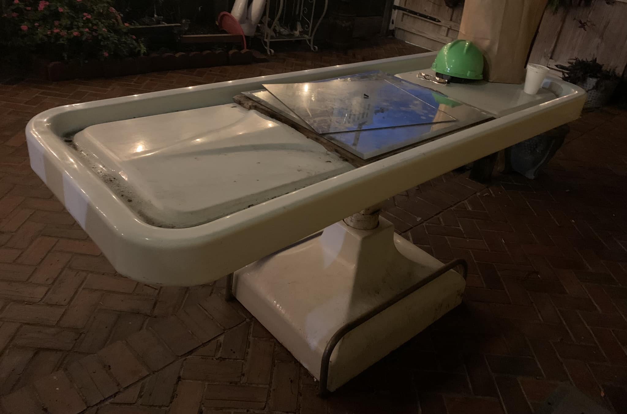 As seen in &ldquo;Interview with the Vampire&rdquo;, and currently doubling as a place for groceries: the embalming table in my friend&rsquo;s courtyard,