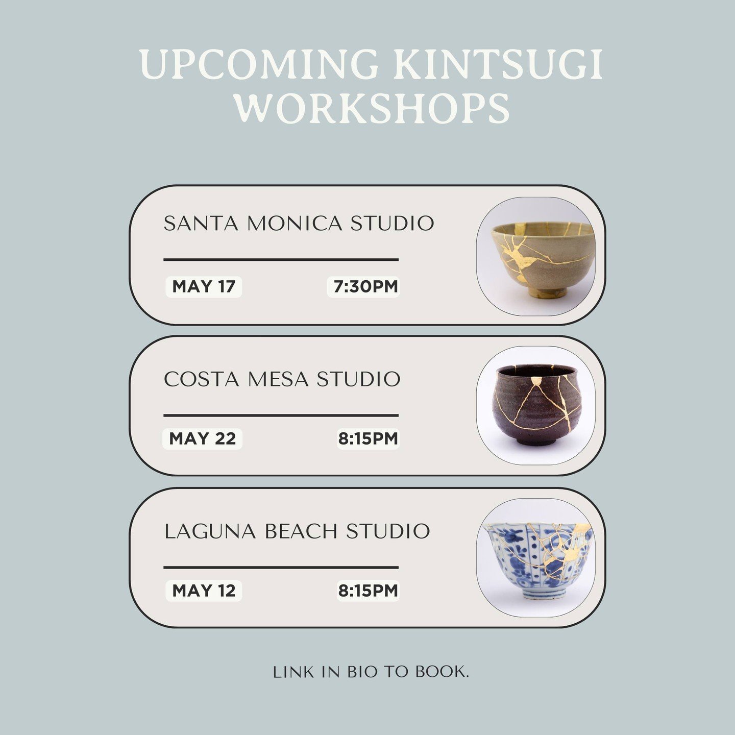 3 workshops, 3 different locations! ⁠
⁠
📅 How to book: click on post within bio link⁠
⁠
ℹ️ About workshop: Discover the history and philosophy of kintsugi to repair ceramics using gold dust, and patience as we guide you through every step of the way