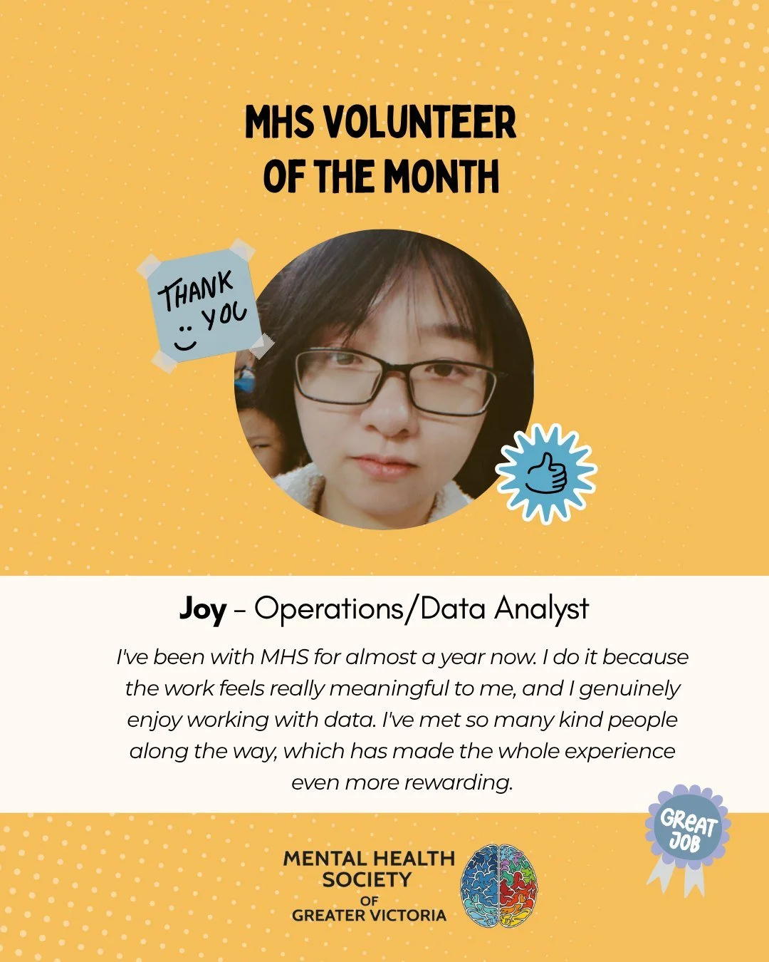 Joy is the MHS Volunteer of The Month for April! Thank you to Joy for all the work you do behind the scenes here at the Mental Health Society of Greater Victoria. We couldn't do it without you!

#volunteerappreciation #volunteervictoria #volunteerism