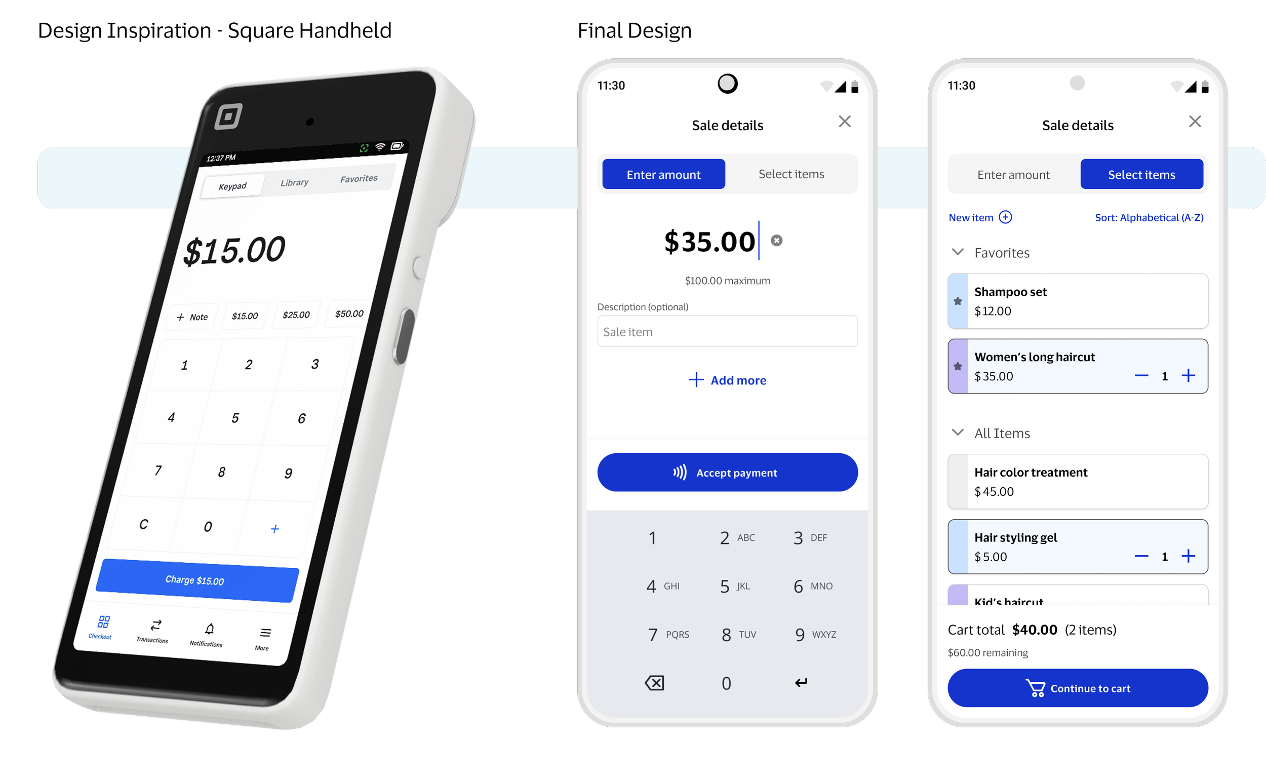 Final design for toggle modes for enter amount and select items