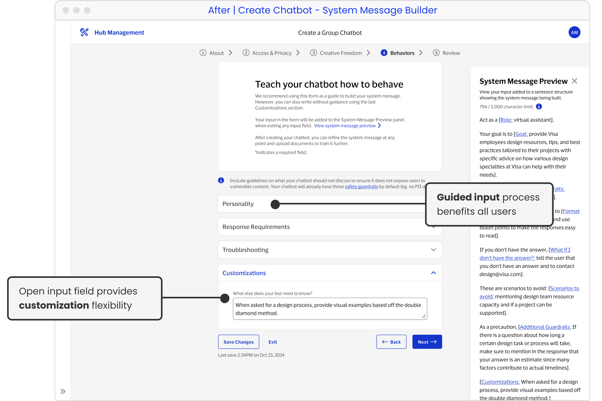 Final design for system message building with all users using guided input with customization field