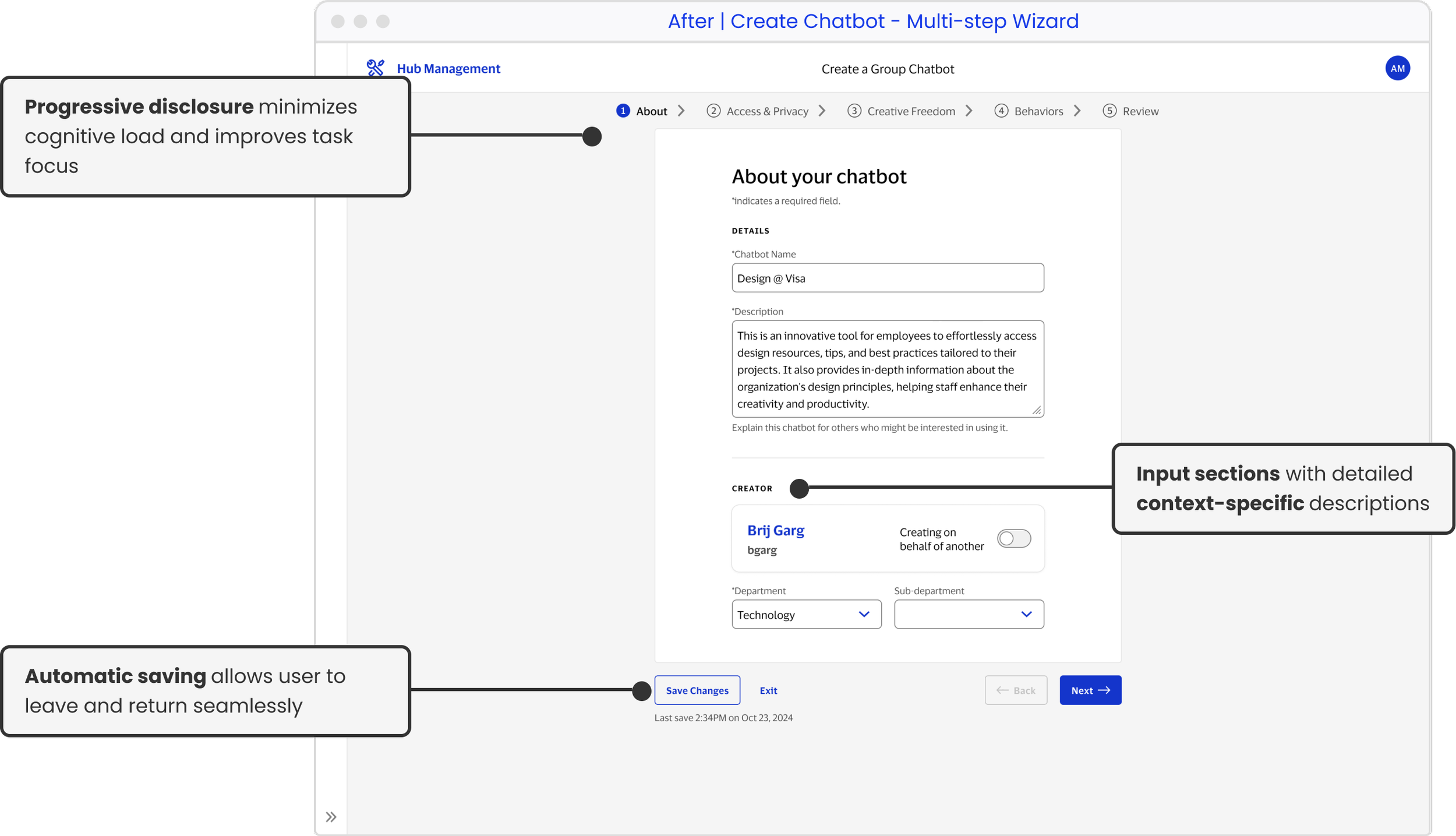 Chatbot creation process multi-step wizard with progressive disclosure, input sections, and automatic progress saving