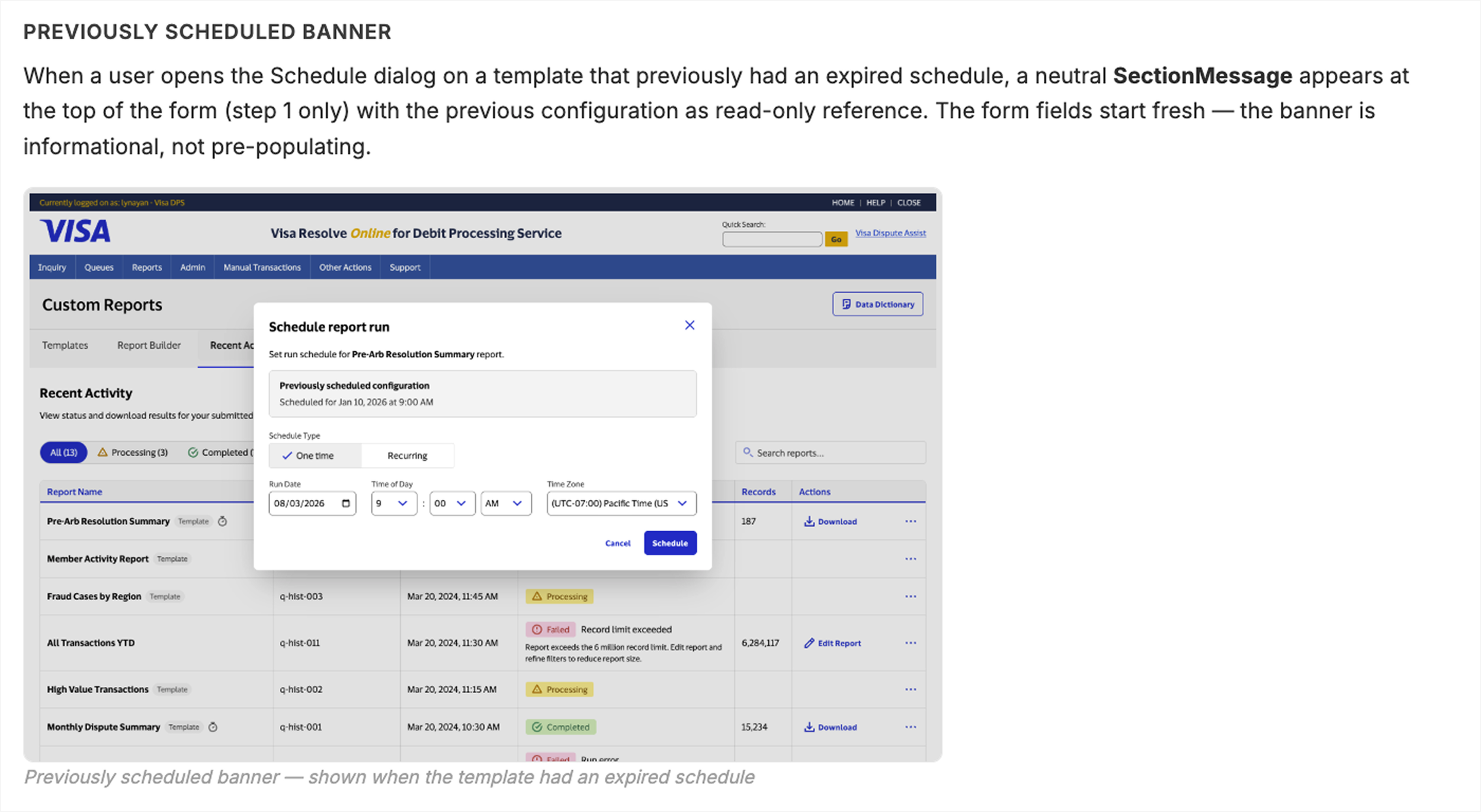 Design human judgement decision on how to handle schedule expiry with previously saved run configuration in new schedule dialog