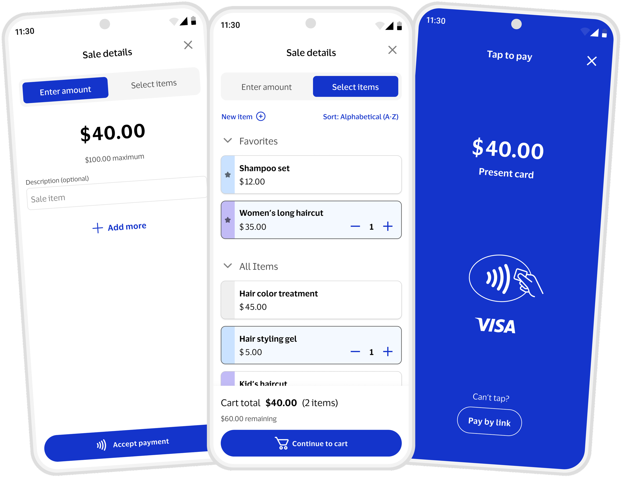 Visa Accept main screens including enter amount, select items, and tap to pay