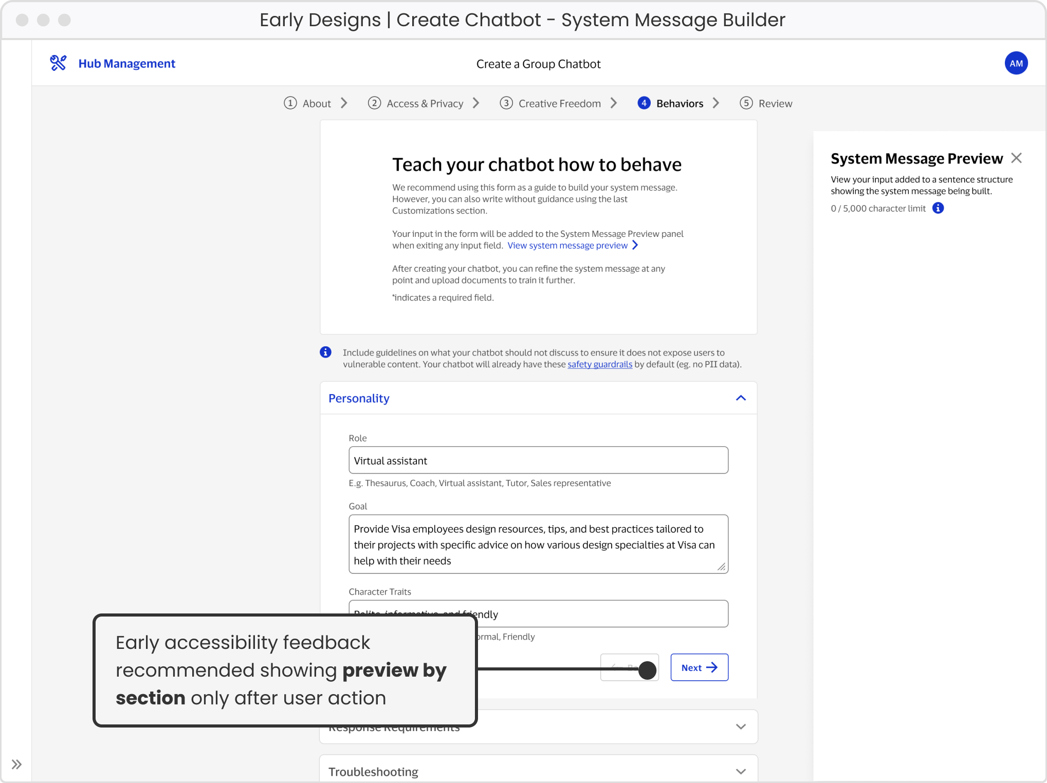 System message input sections with next button
