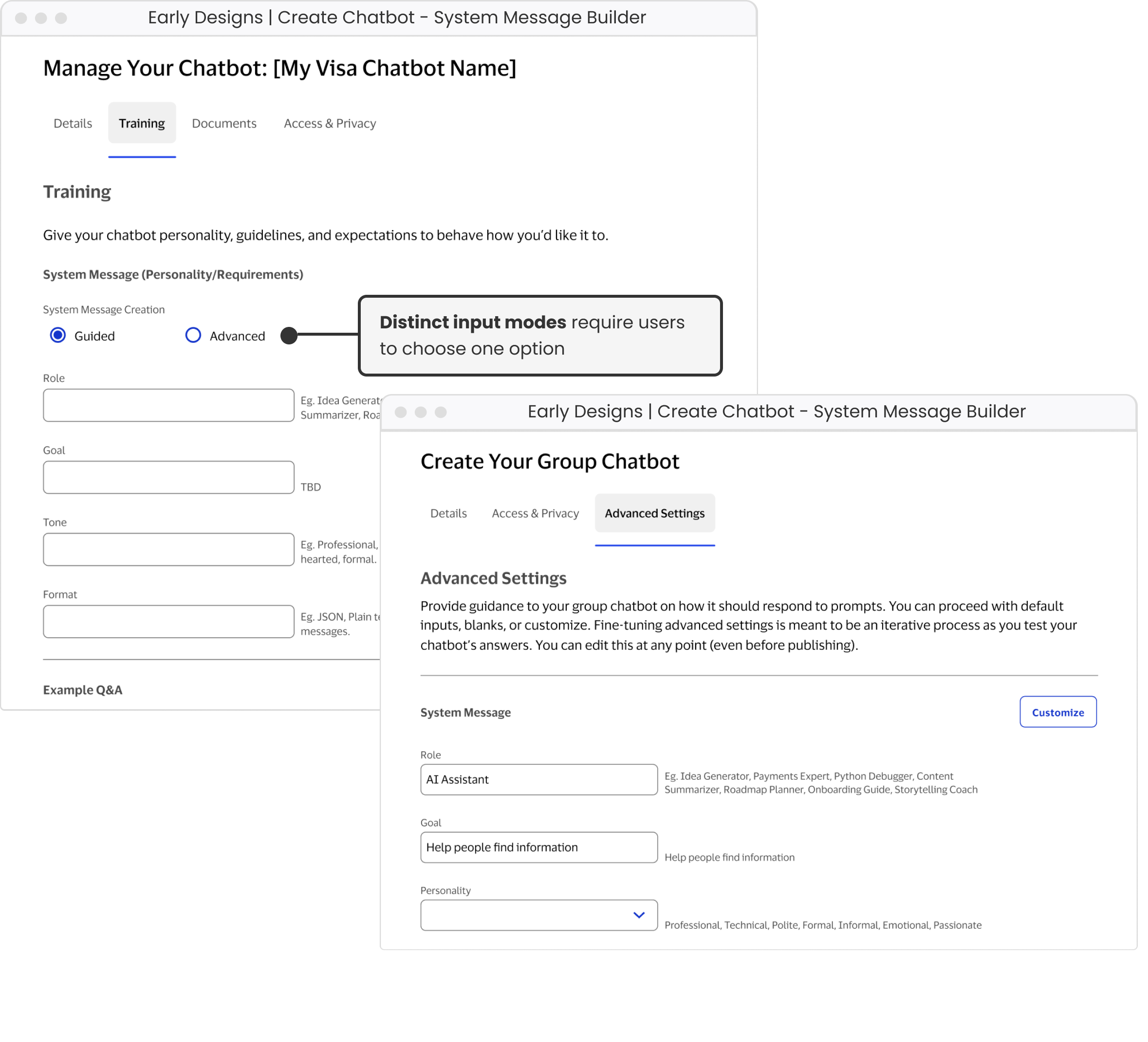 Early designs for guided v. custom workflows for system message building