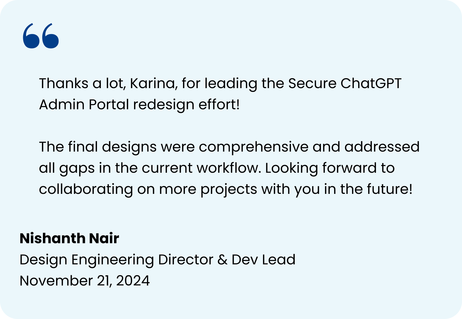 Praise quote from Nishanth