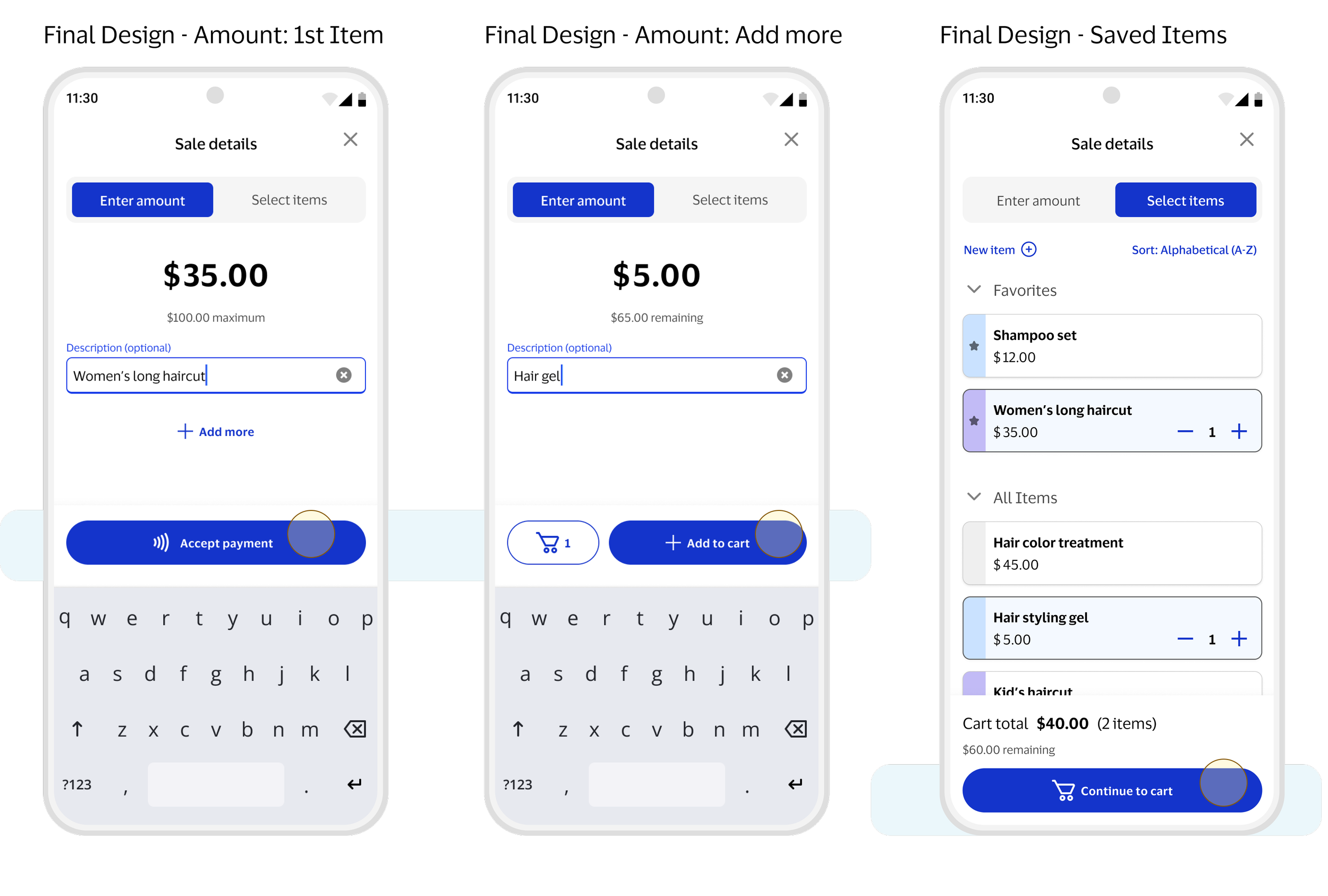 Final designs for buttons including accept payment button, add to cart button, and continue to cart buttons all giving primary path forward