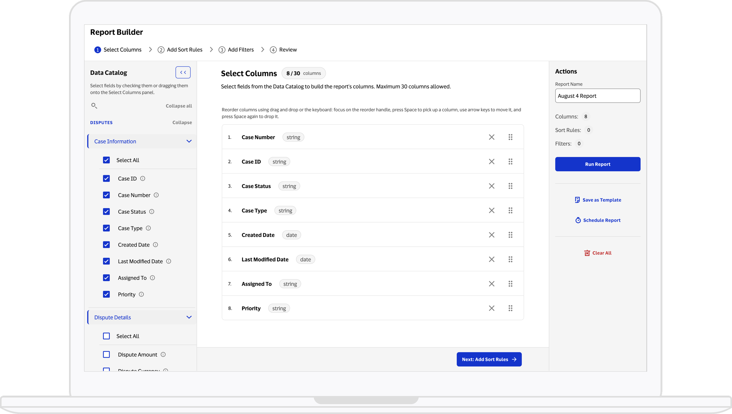 Custom report builder allowing users to select columns, add sort rules, add filters, and run report.