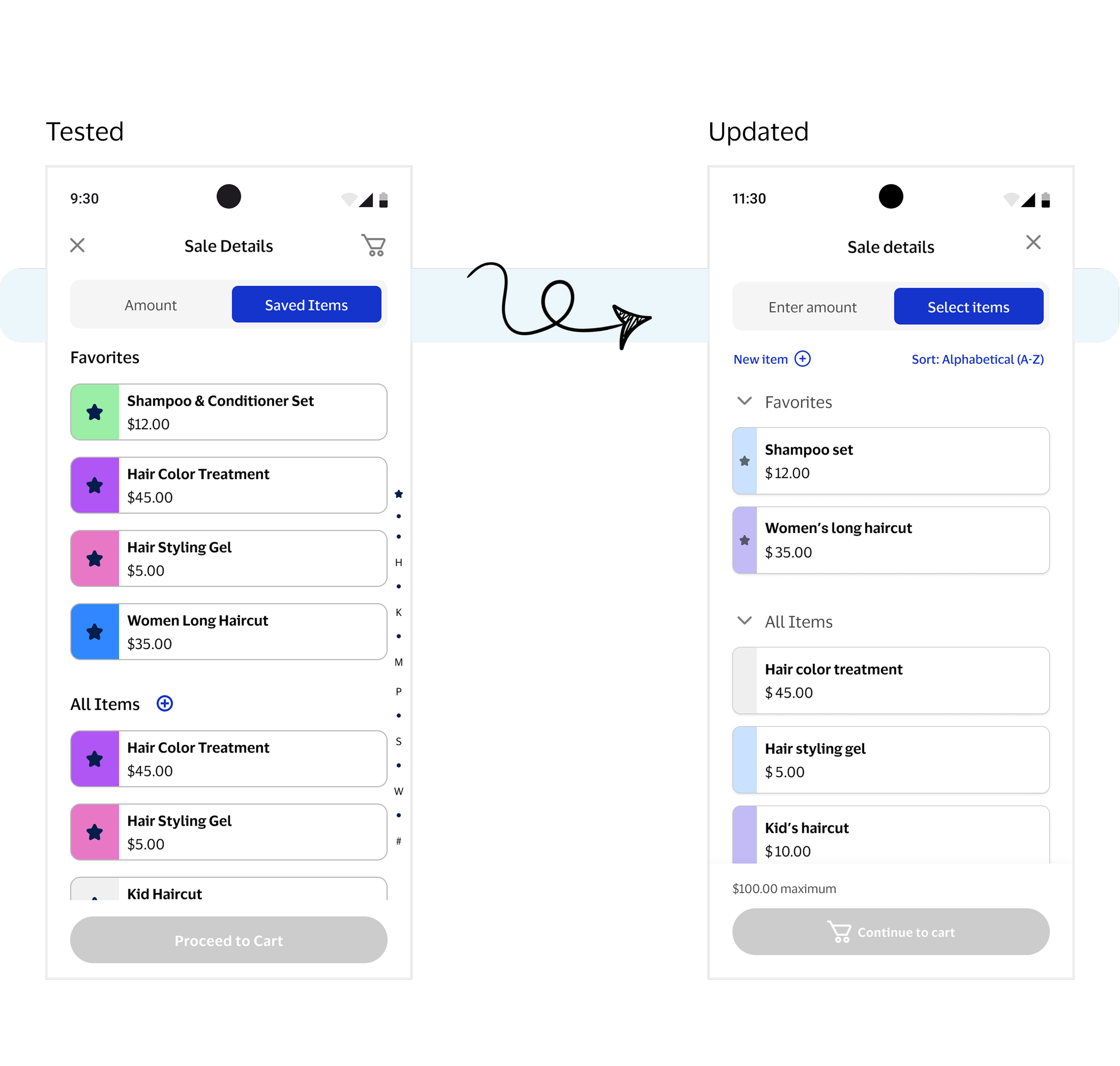 Toggle buttons changed to "Enter Amount" and "Select Items"