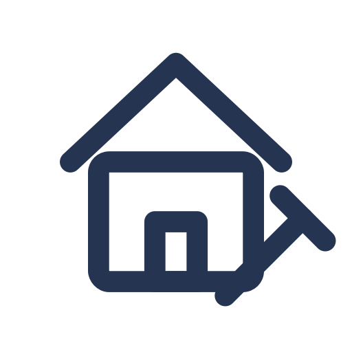 Outline of a house with a roof, walls, door, and a pencil leaning on the right side of the house.