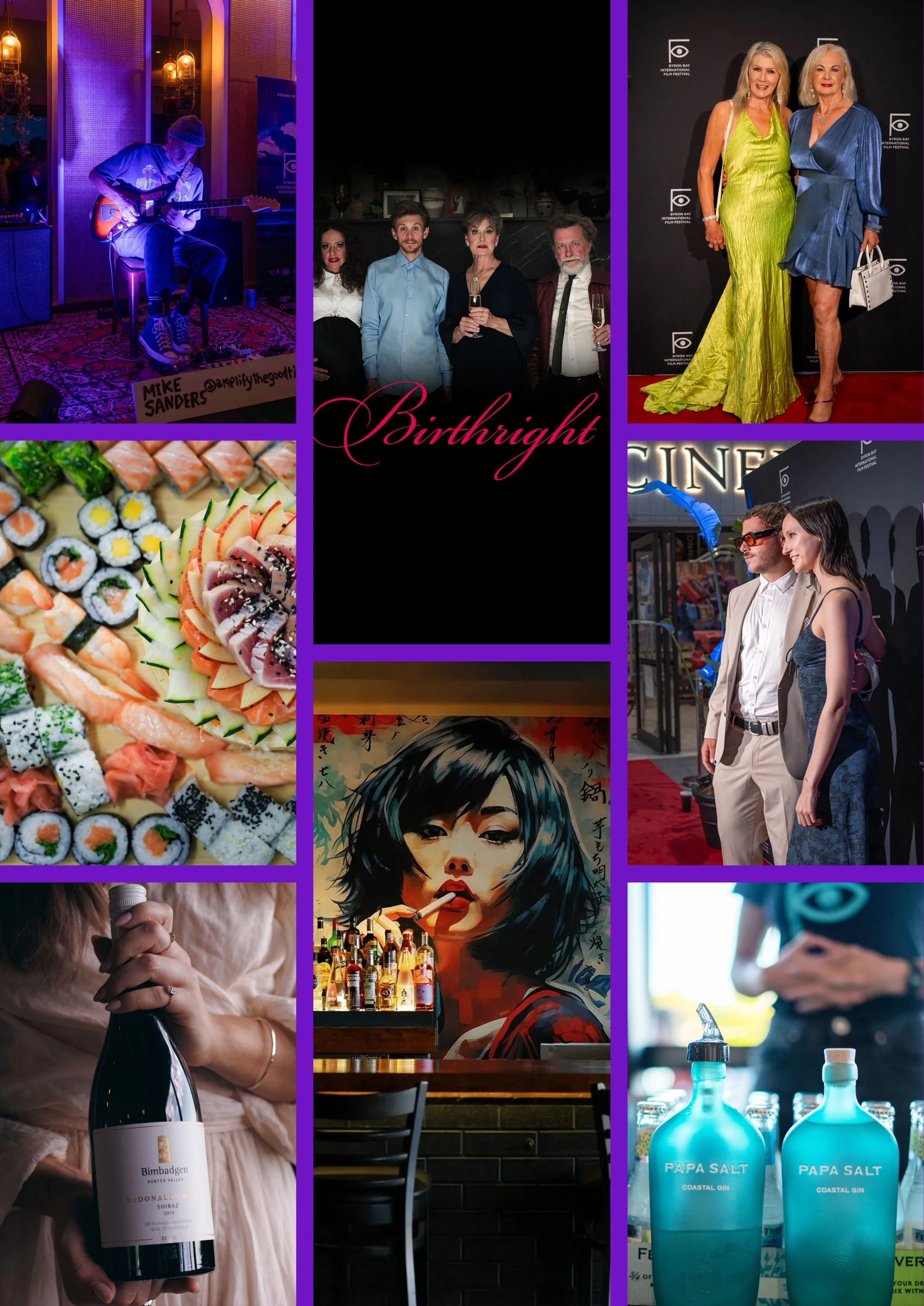Collage of various scenes including live music performance, a group of people at an event, two women on a red carpet at a film festival, sushi platter, an illustrated woman drinking, a person holding a wine bottle, colorful bottles labeled 'Papa Salt